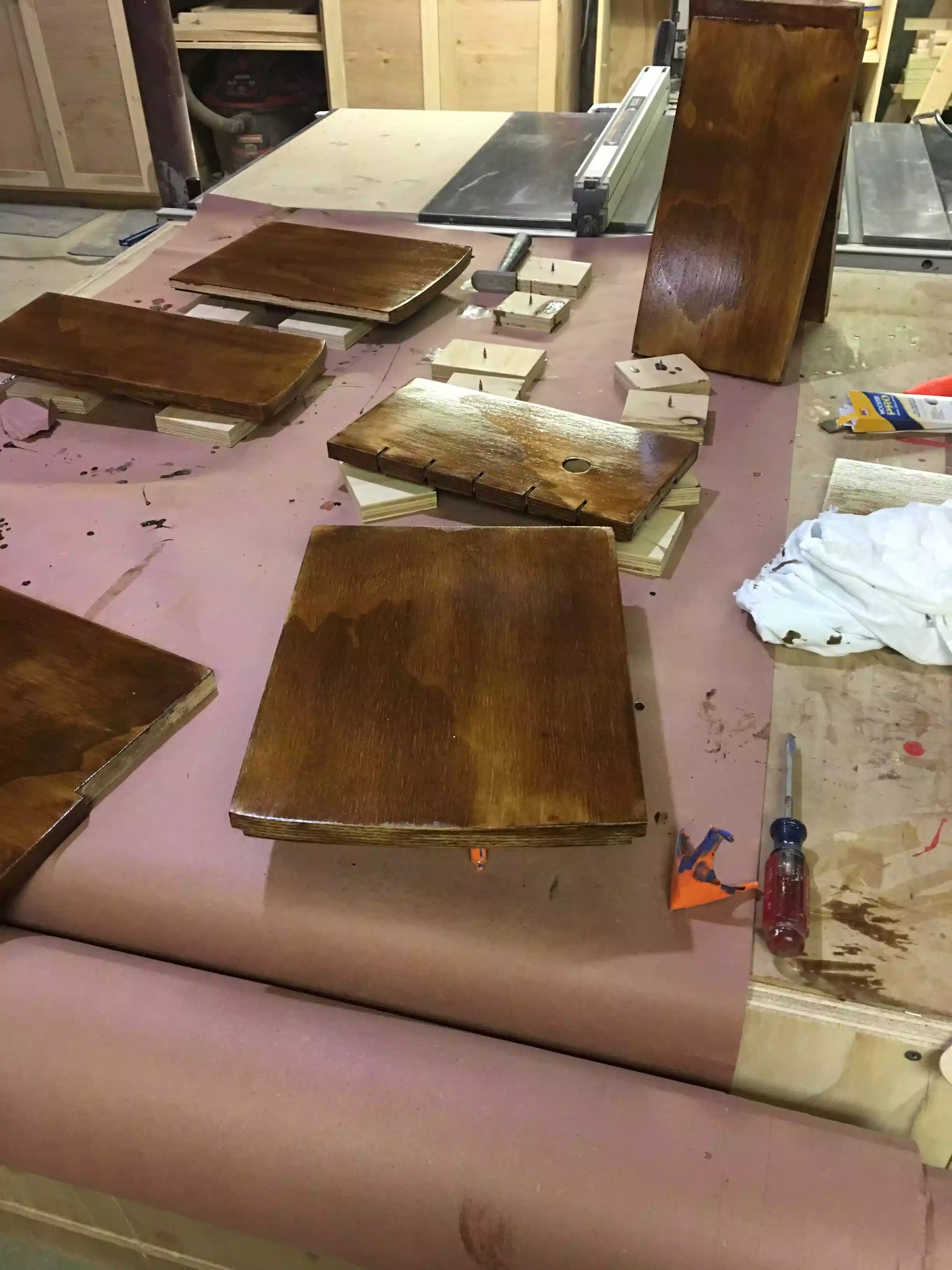 Adding stain before its assembled gets rid of any complicated staining later on