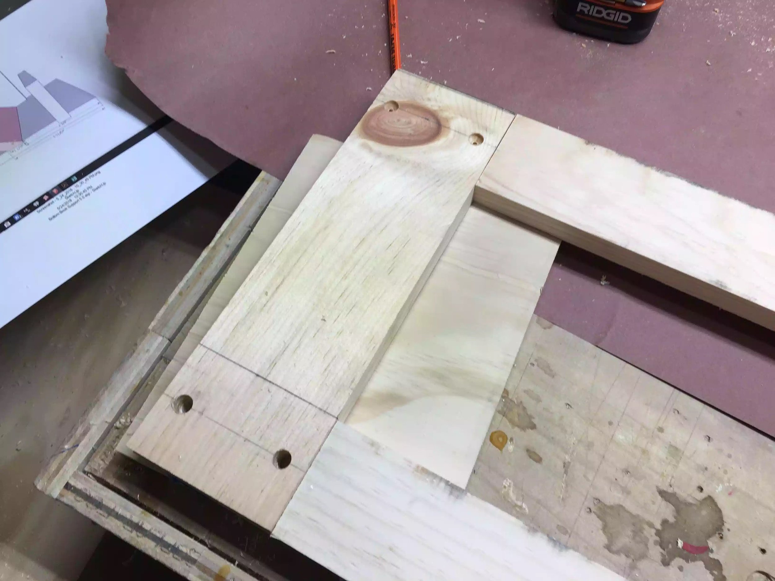 In this picture you can see the holes drilled to receive the dowels