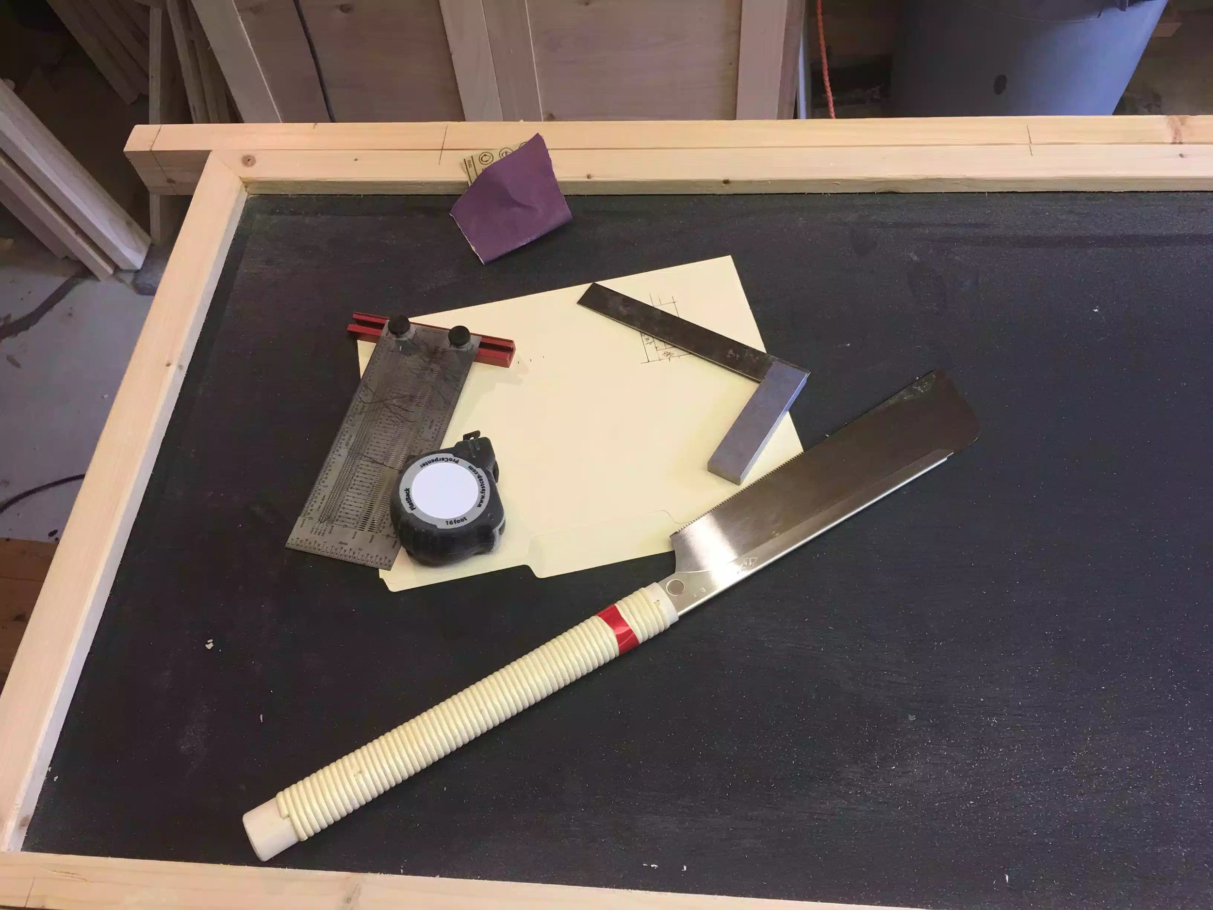 Here are the tools i used to complete most of the tenon, I used my Incra measuring tool, machinest square, Japanese saw to define the tenon shoulders