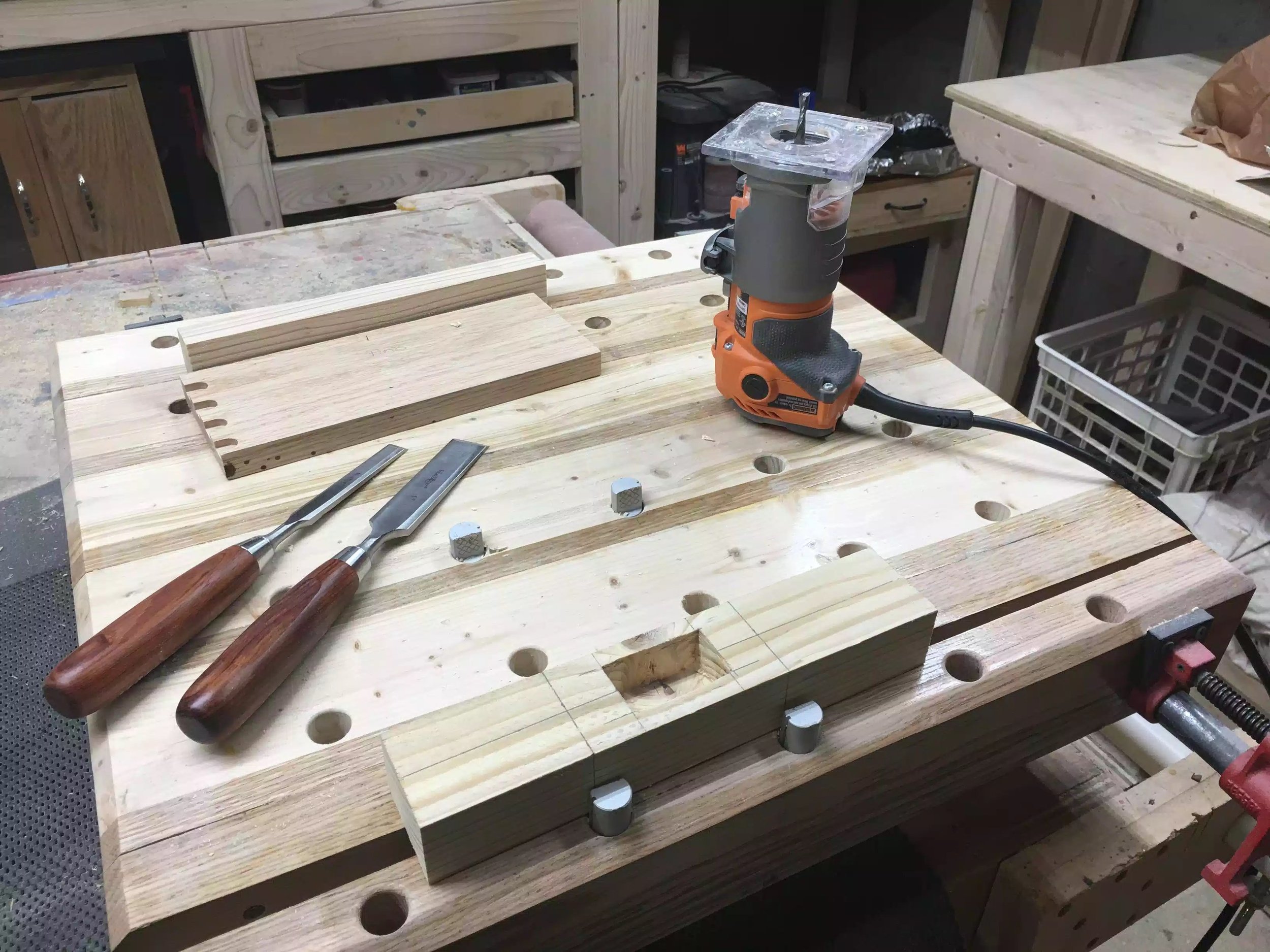 Here I just hogged out most of the mortise using my palm router and then I used my chisels to square the mortise corners.