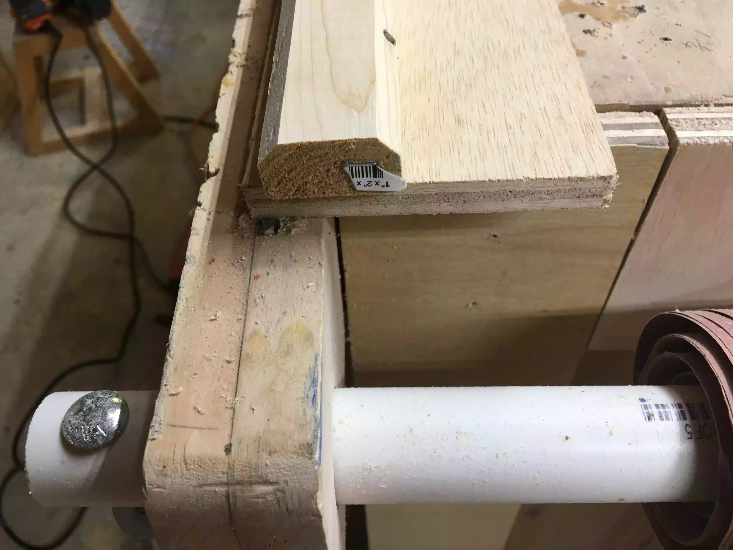 Here you can see the chamfer profile on the end of the 8' length, next to the miter saw station to cut them all down.