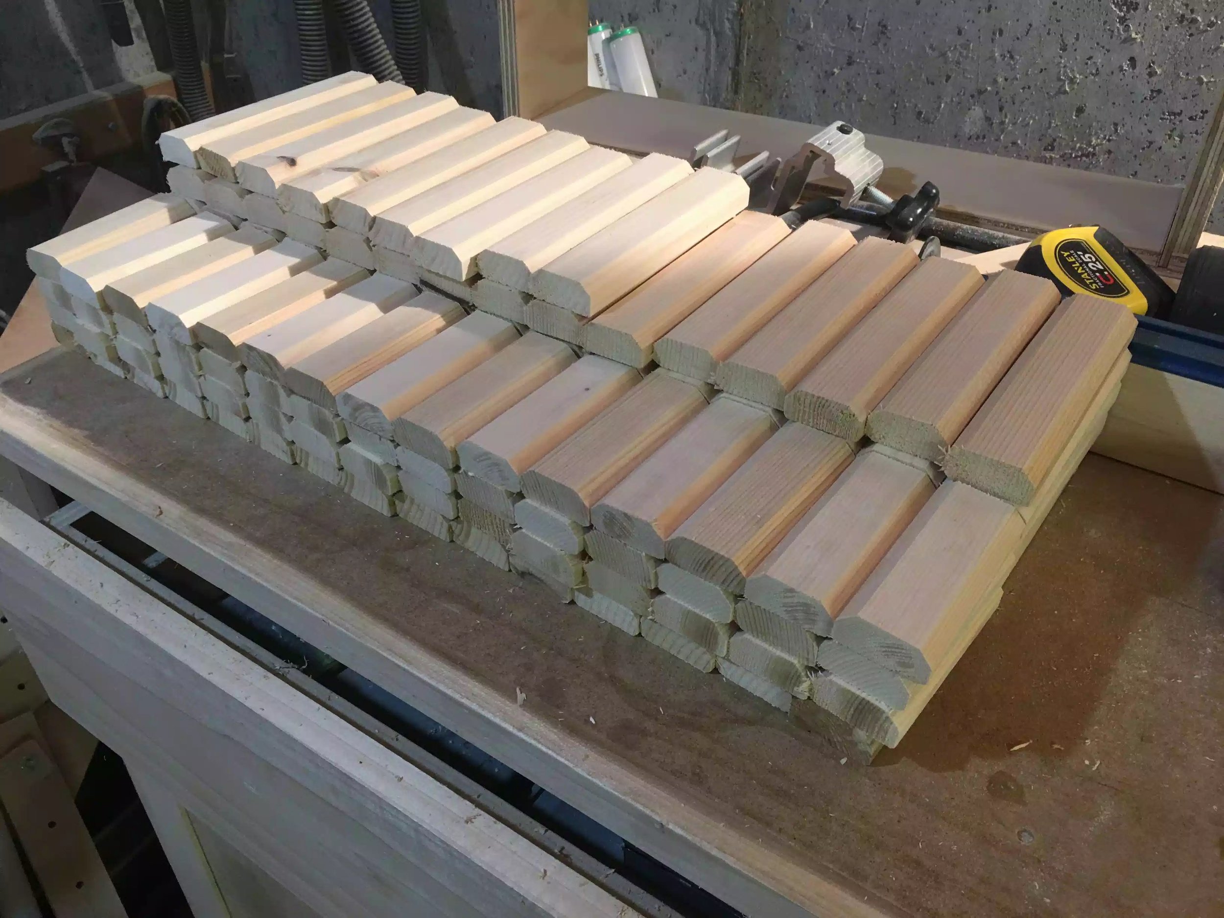 Here are all the remaining pieces that I cut tonight, since the chop saw left very rough ends I needed to hand sand them next . If only these were gold bars lol.