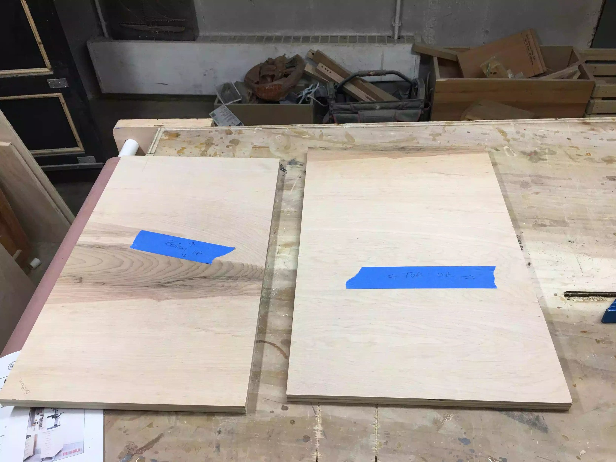 Here are the sides of the cabinet, using the painters tape to label them.