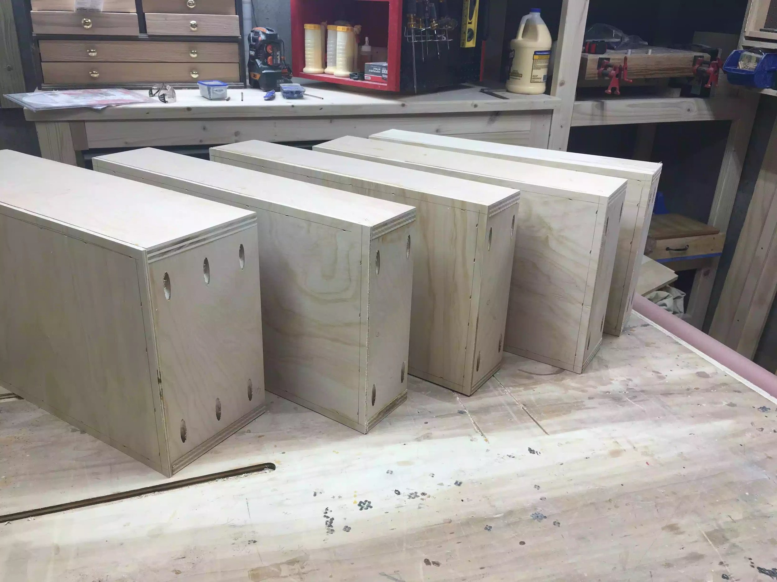 Here are all 5 drawers with bases attached one more step before there almost complete.