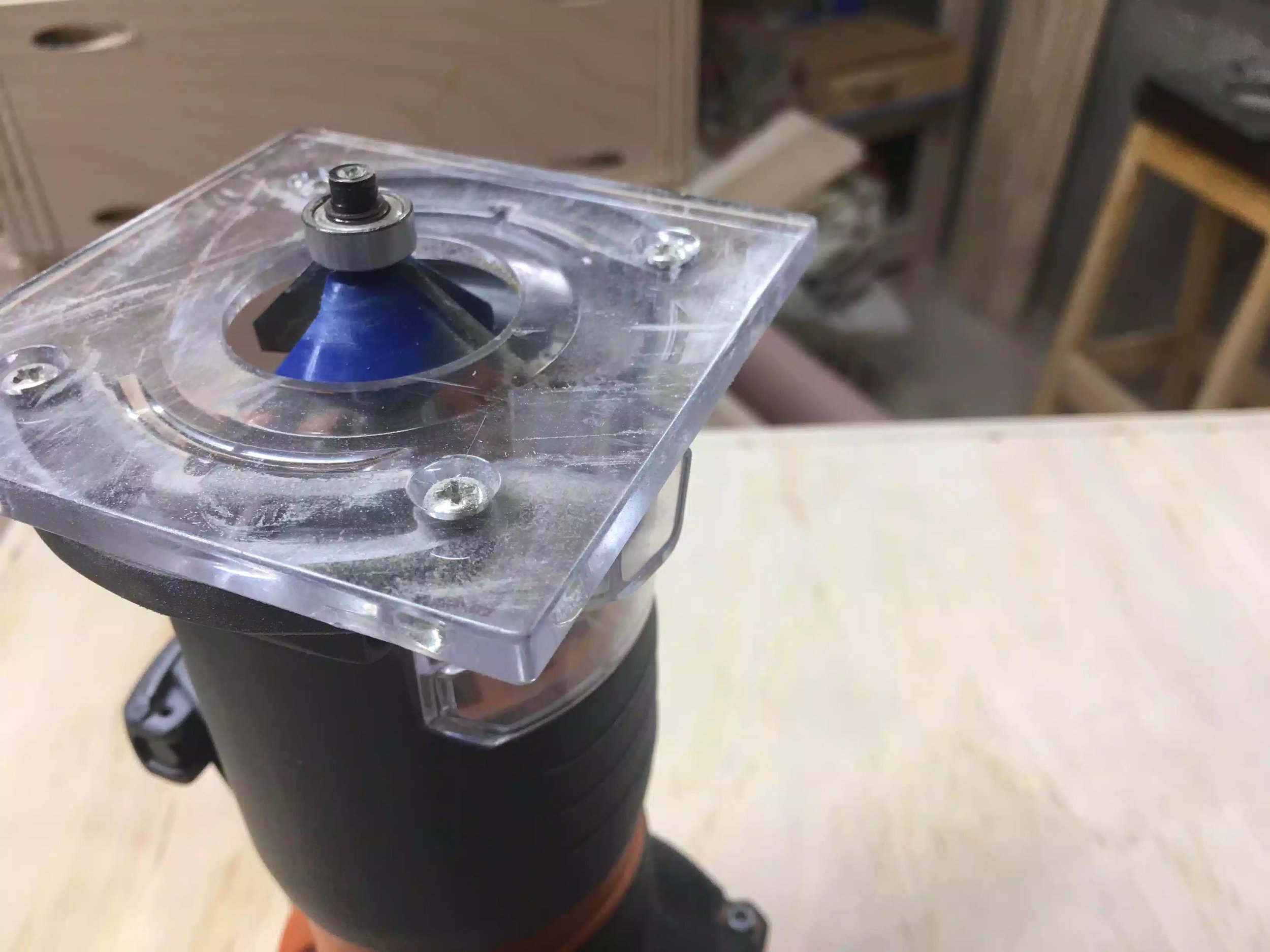 Here is a close-up of the router with the chamfer bit. I really love this tool. Perfect for applications like this.