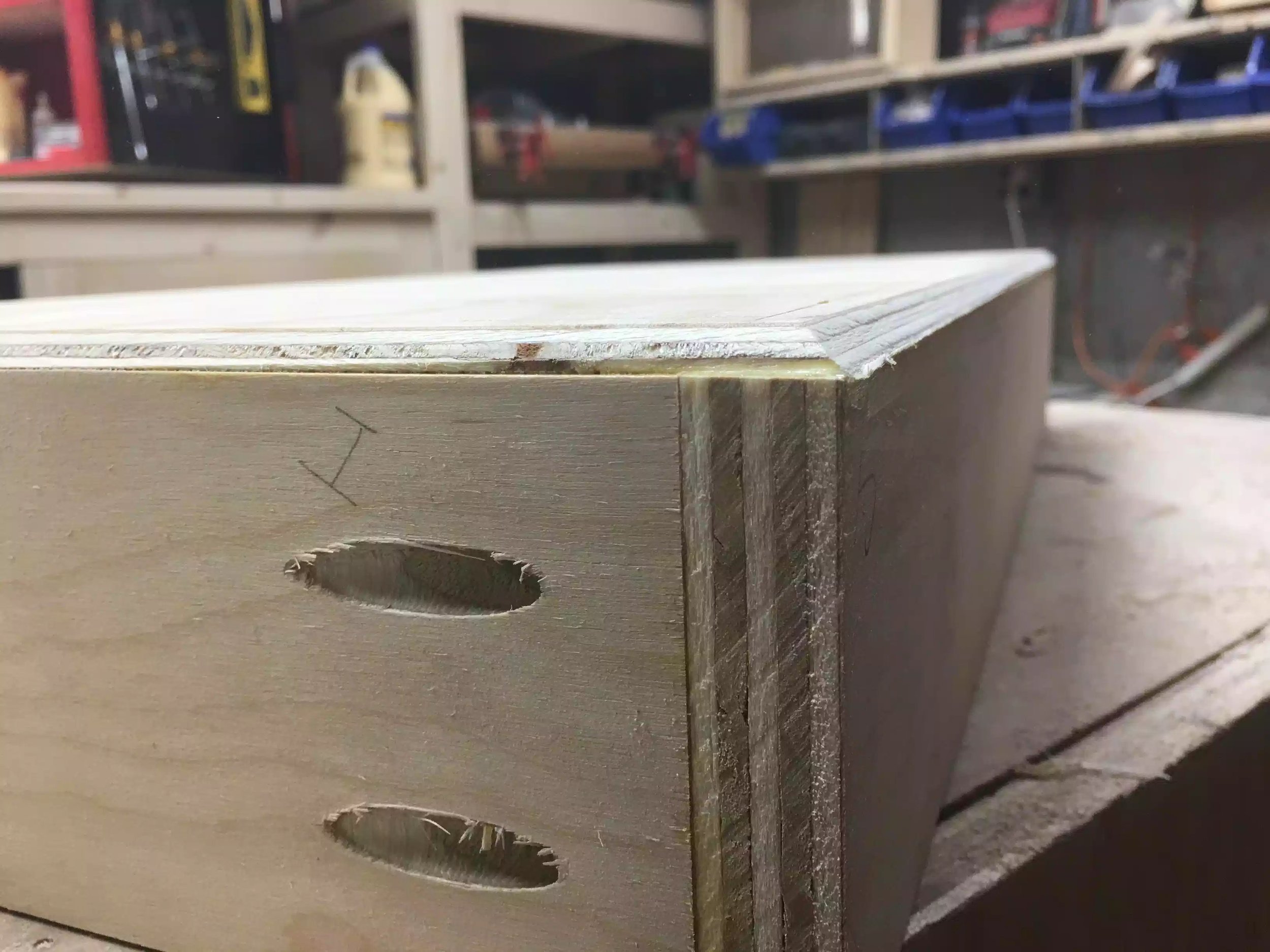 Here is a close-up of the drawer base after I added the chamfer.