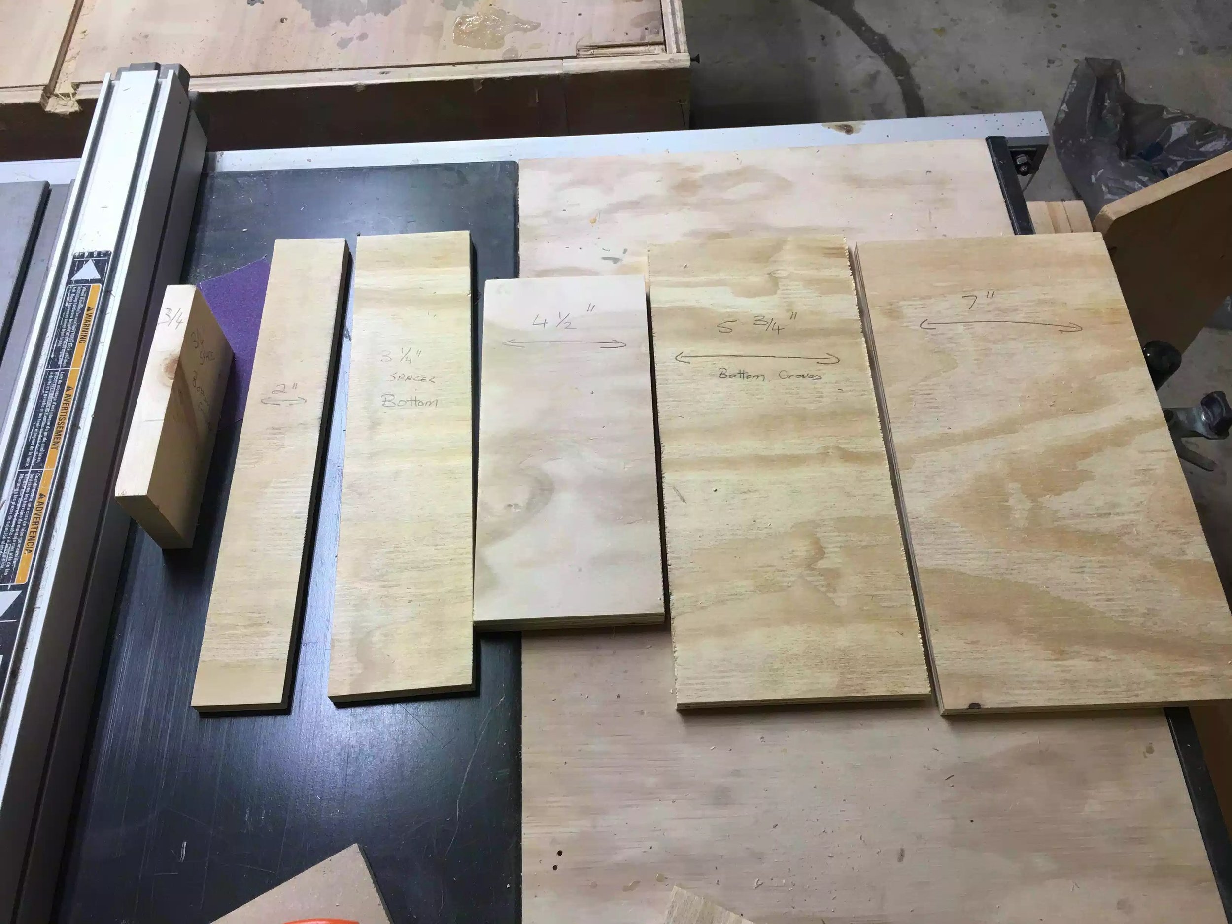 Here are the spacer strips that I would use to align the table-saws rip fence to the trivet, I also marked each spacer width on the board so as that I didn’t use the wrong one.I used 6 spacers in total with measurements of 3/4”, 2”, 3 1/4”,4-1/2”, 5-3/4'“ and 7”.
