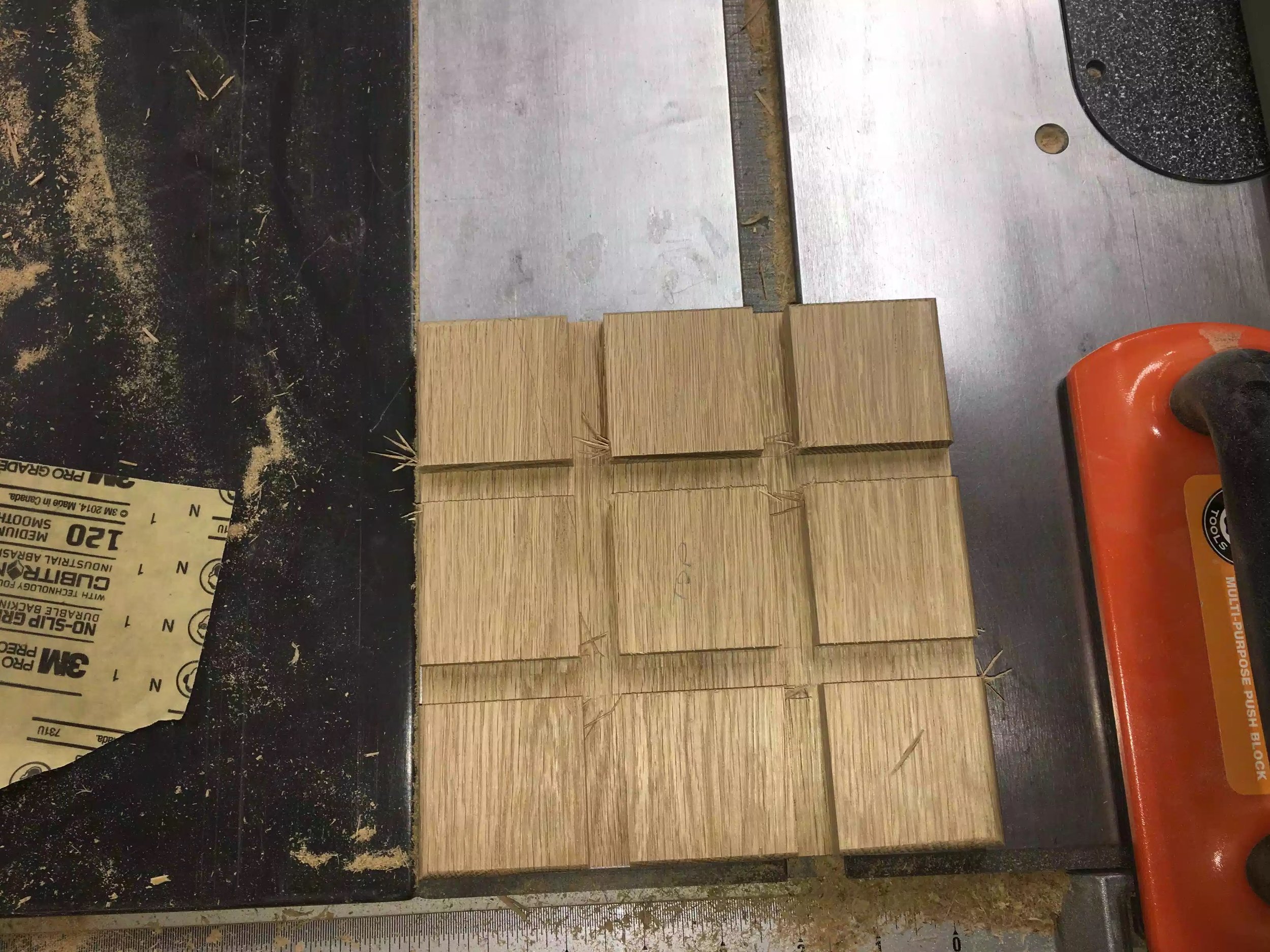 After step 2 your trivet will look like this, you will have 9 squares measuring 2”x2” and they are all on the same face (this is the top)