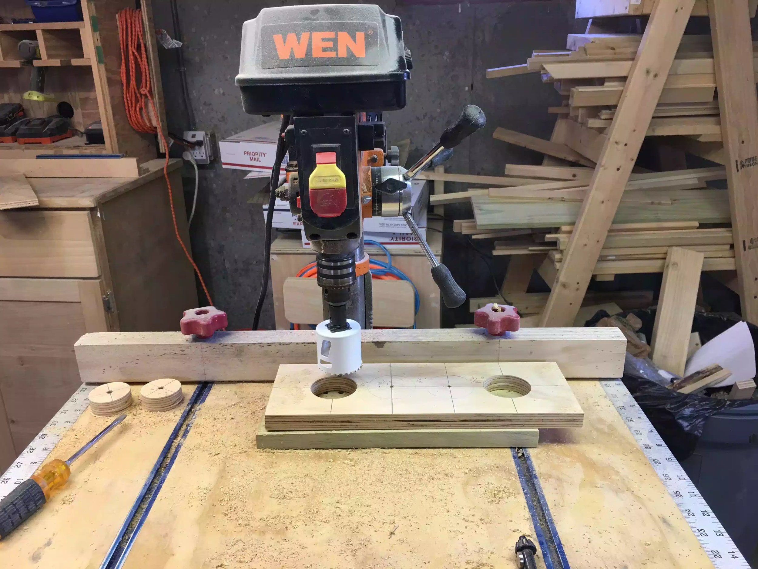 Here is the work-piece positioned under the hole saw, the work-piece was turned end for end to get both left and right sides done, the saw did a great job as I didn’t get any burn marks on the work piece.