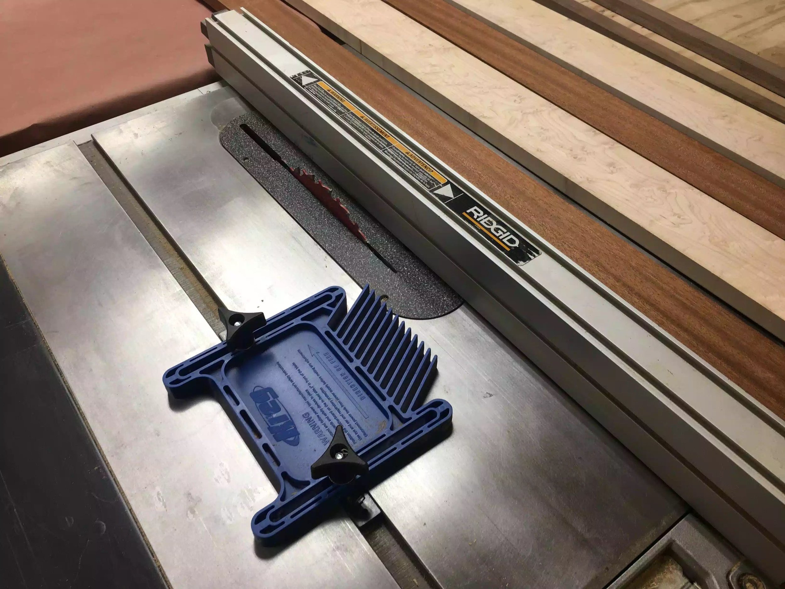 Here is the table-saw set up I made with the feather-board in place