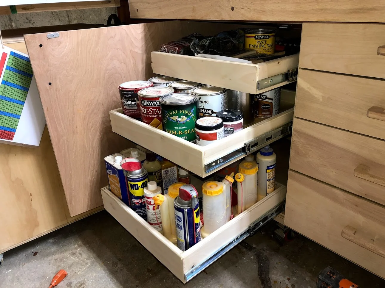 Here is the new home for all my wood finishes, more convenient and enables me to modify some of the shop furniture that I currently have, which frees up more space on the floor.