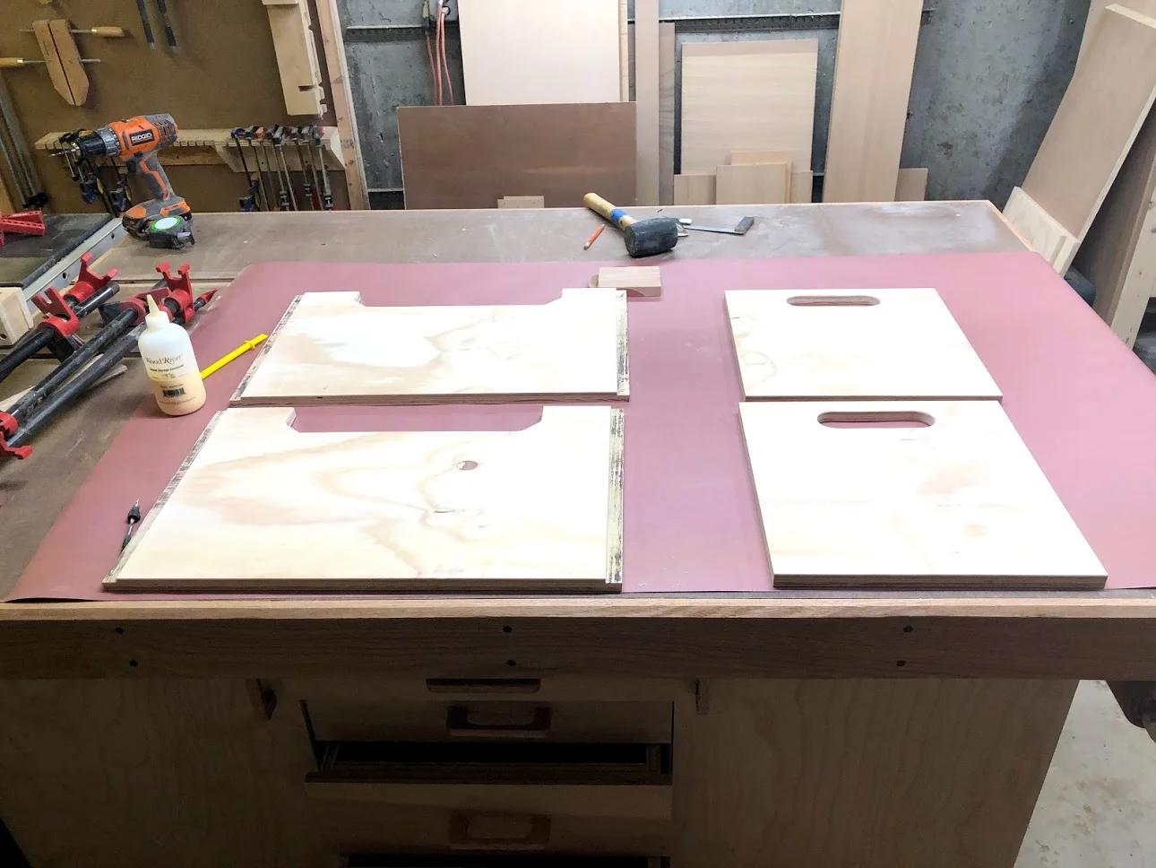 Here is everything I need for the glue-up and my new assembly table is protected.