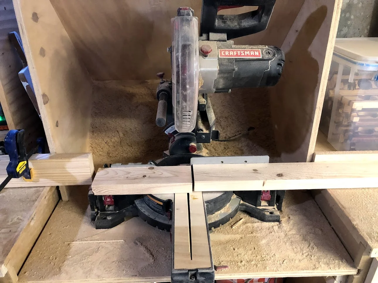 Here you can see my very dusty miter saw with a stop block set up to the left of the blade to make sure all my cuts were 10-1/2” long.