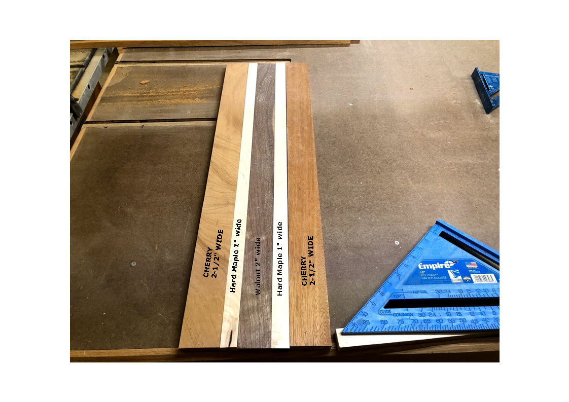Here is the boards all ripped and crosscut to final dimensions, I used Cherry (2-1/2” wide), Maple(1” wide), Walnut(2” wide), Maple(1” wide) and Cherry 2-1/2” wide)