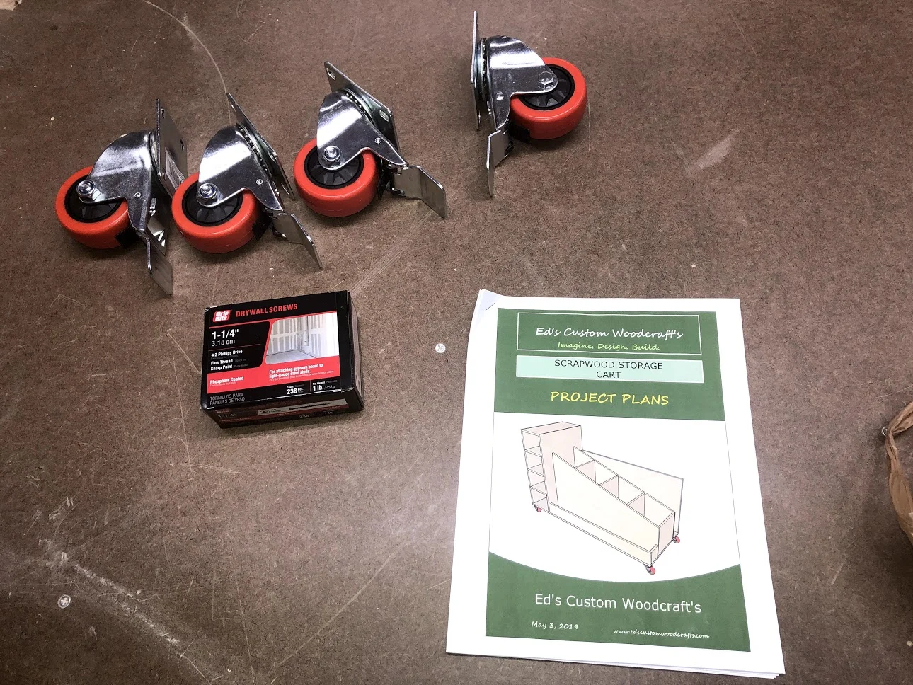 Here are the 3” casters & Screws. I also have my trusty plans to help me build this project especially to help me with dimensions of the various parts of the cart.