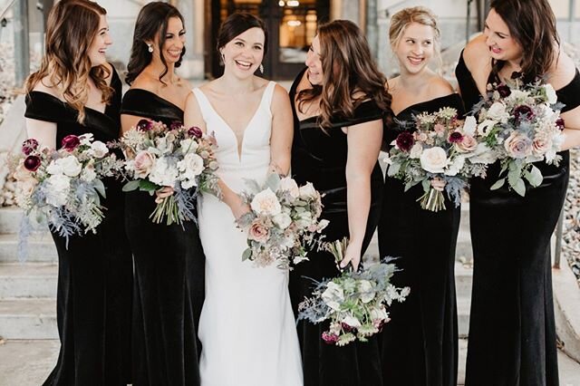 One of our favorite color palettes from last year! Bouquets were made with lots of love, and the weirdest grey plumosa we've ever seen. Kind of the perfect combo, yes?