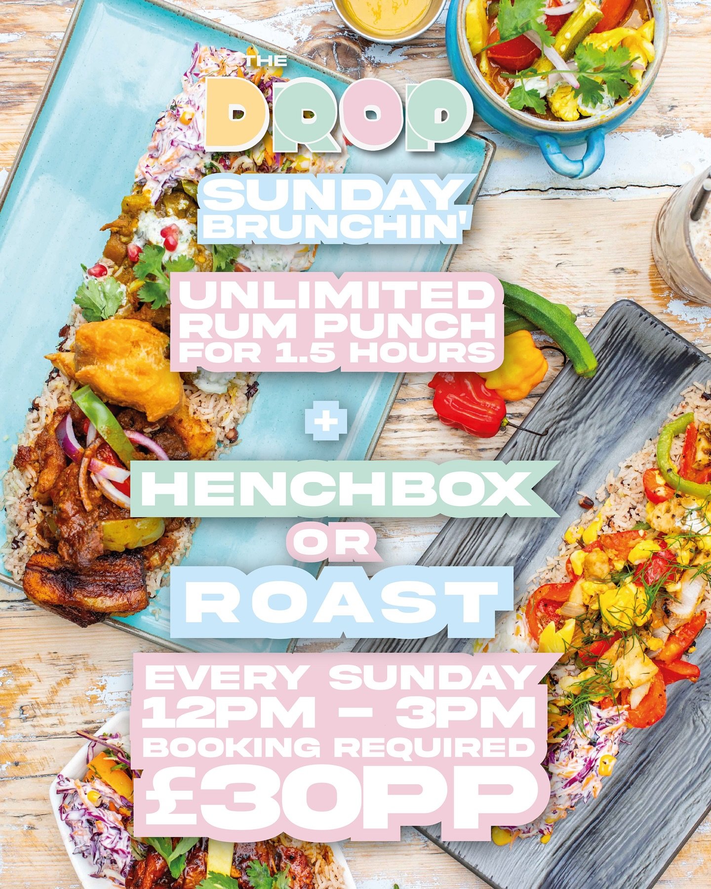 a very good Brunch Deal or just a good deal in general if you fancy a Hench / Roast and a few 🍹

Sunday Brunch available for bookings now every Sunday. Book for 12pm or 130pm  for 1.5hr slots of free flowing punch and a Hench or Roast 🤛🏽

Adds on,