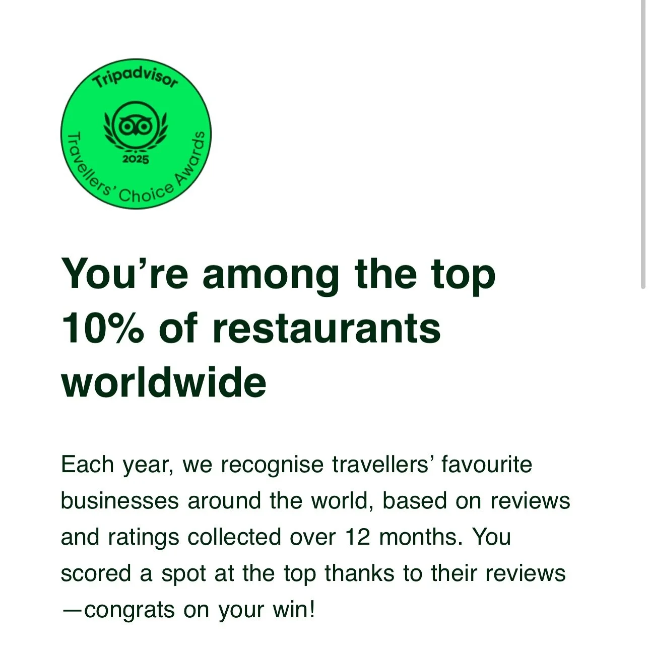 We&rsquo;re absolutely honoured to be awarded with a Traveler&rsquo;s Choice Award of top 10%!!!!!! Restaurant&rsquo;s worldwide. It hits home 🌍

10 years of hard graft and continuing and surviving trying to thrive as ever 🥵🥵🥵 we&rsquo;ve got thi