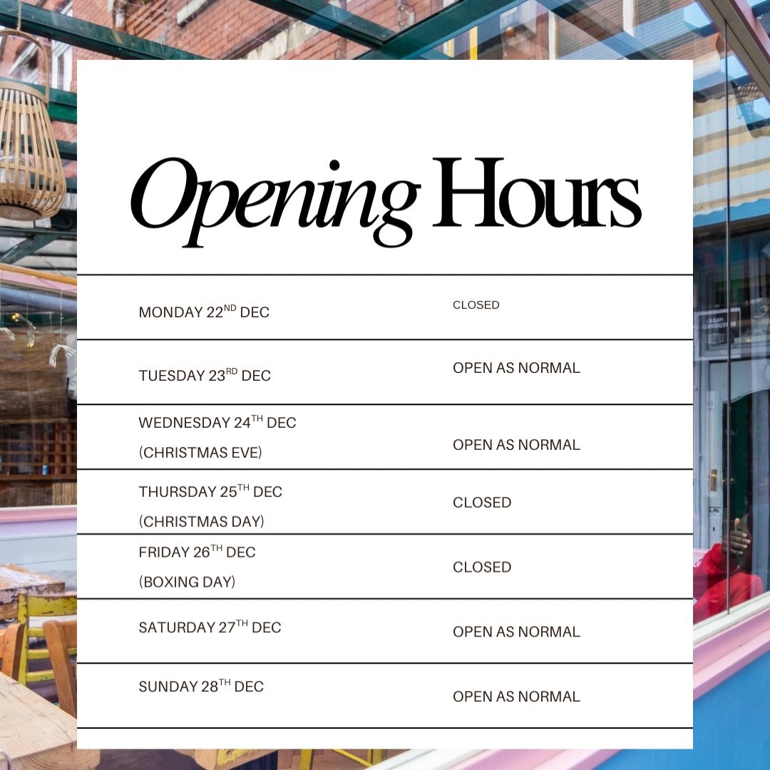 Our Christmas Hours 🎄 Join us for all the festivities, FREE RUM Cake and Mulled wine with all bookings 🤶🏽🎅🏾

We&rsquo;re also open on NYE - book in now to celebrate 🤩✨

Reggae  Roasts for all!