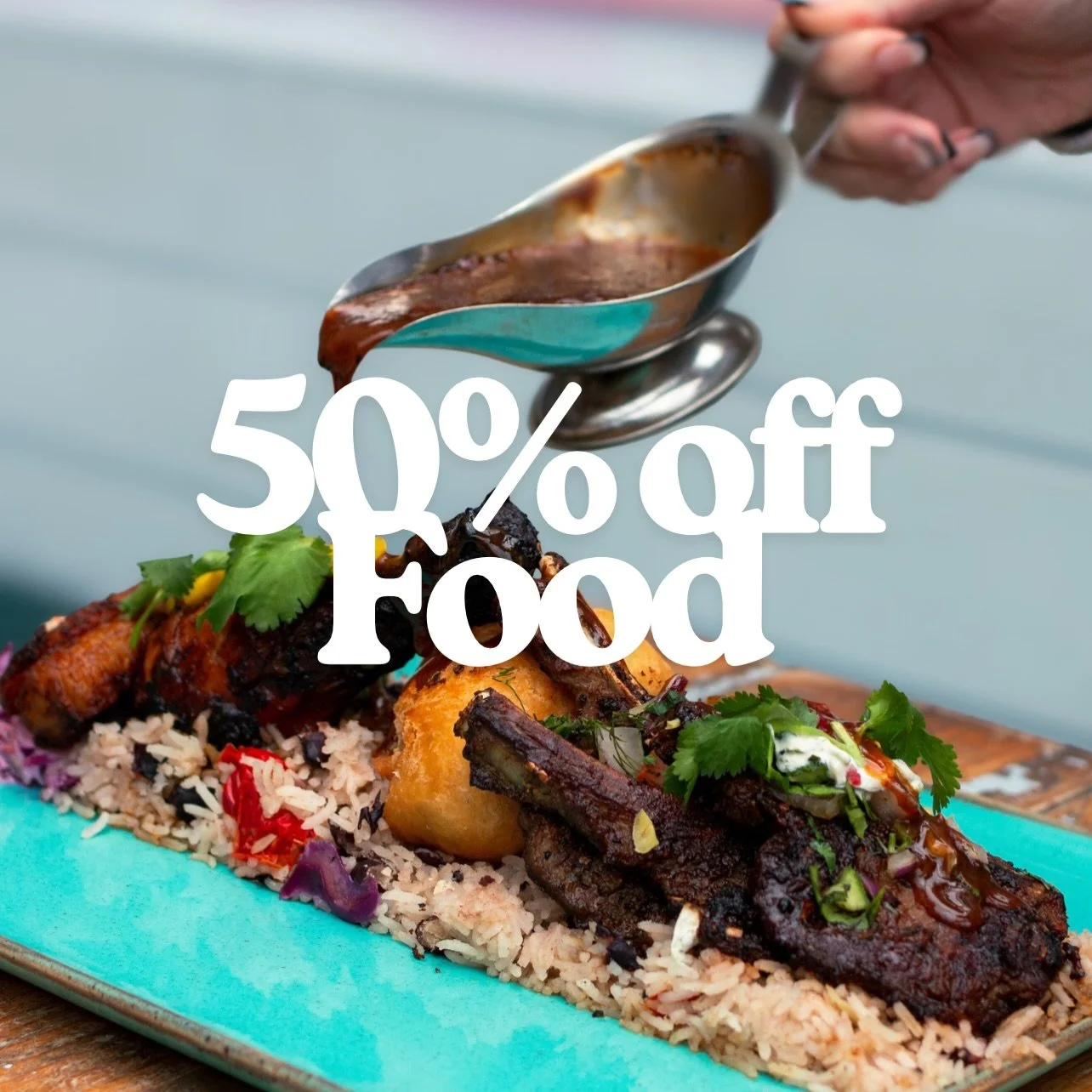 Here we goooooo | 50% OFF FOOD | JAN TO END OF MARCH 25&rsquo;

HOW AND WHEN?

Tuesdays - Thursday all day 
Friday and Saturday bookings made before 630pm (not after) 
Sunday - not valid between 2-5pm anything before or after is fine 

Full details o