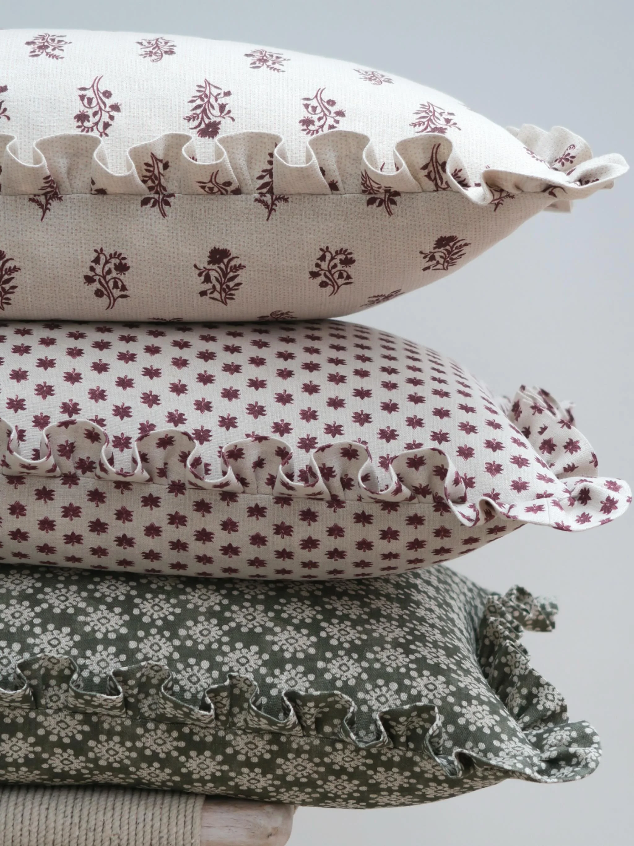 N E W ~ Cushions made in gorgeous @peonyandsage new fabric collection Florimar.

All these cushion &amp; more, are now available to order on our website in various sizes &amp; trim options.

Hope you love the new colour Maroon x
.
.
~ Top to bottom c