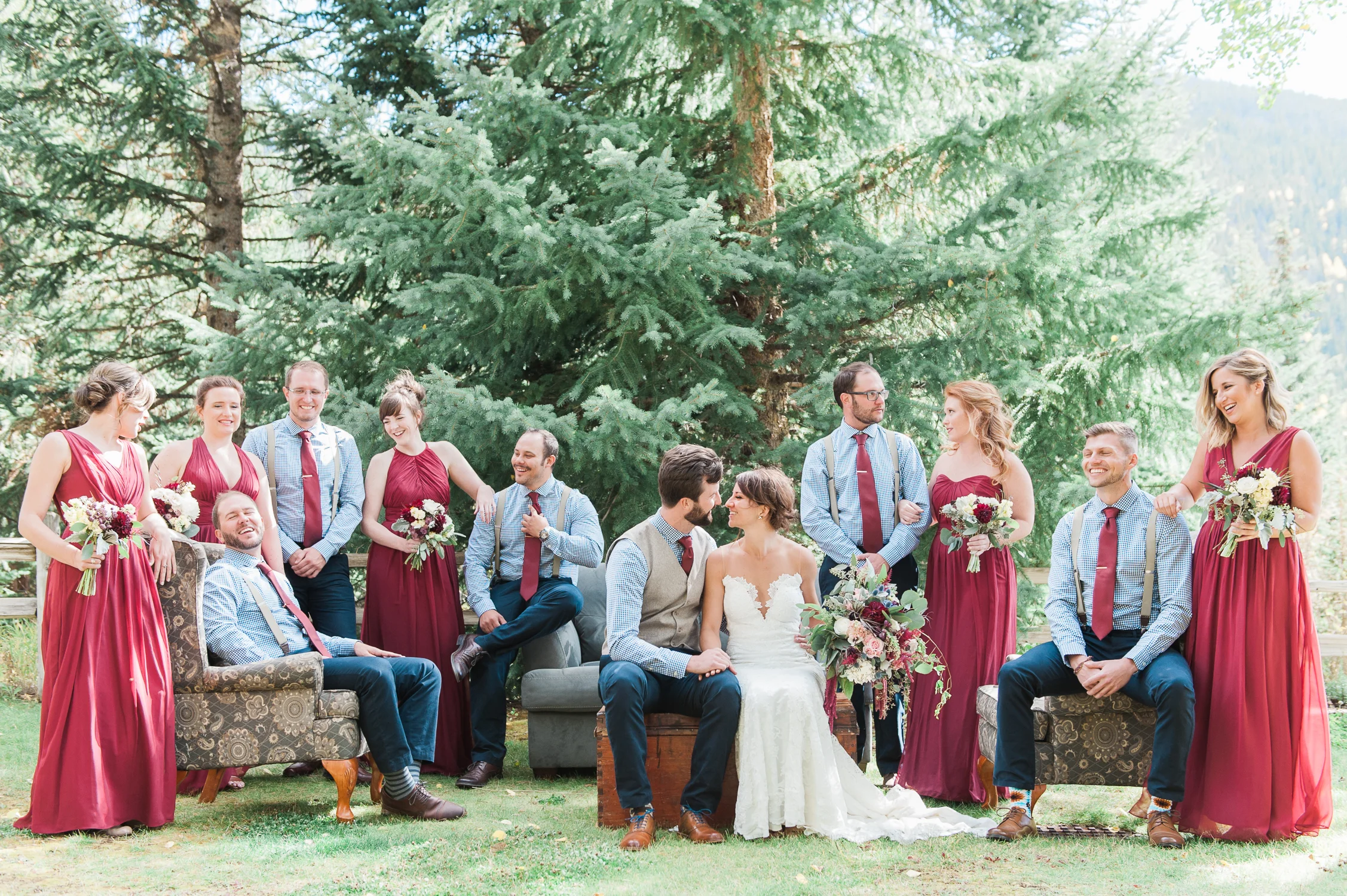 Ski Tip Lodge Wedding Party lounging on the outdoor furniture
