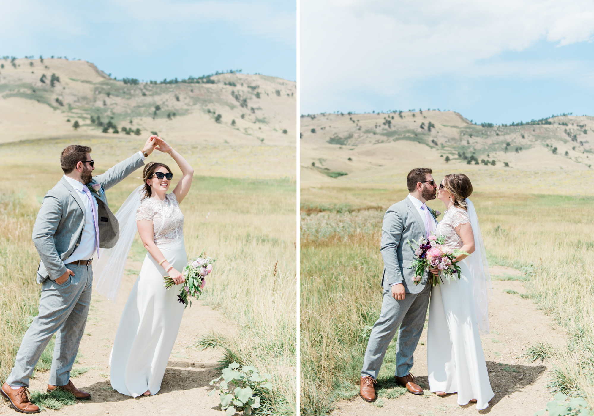 Bride and Groom twirl in the boulder foothills