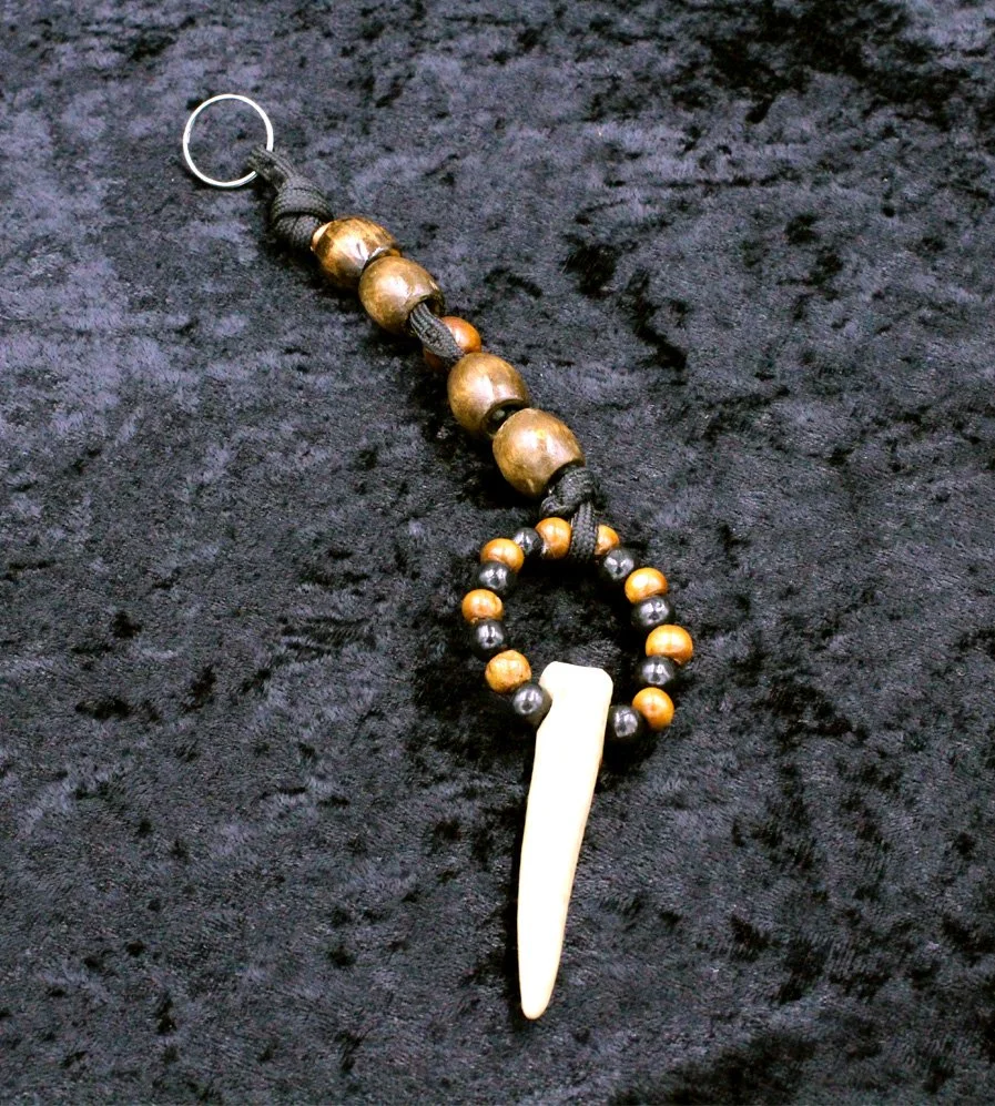 Dark Wood and Black Bead with Deer Bone Key Chain