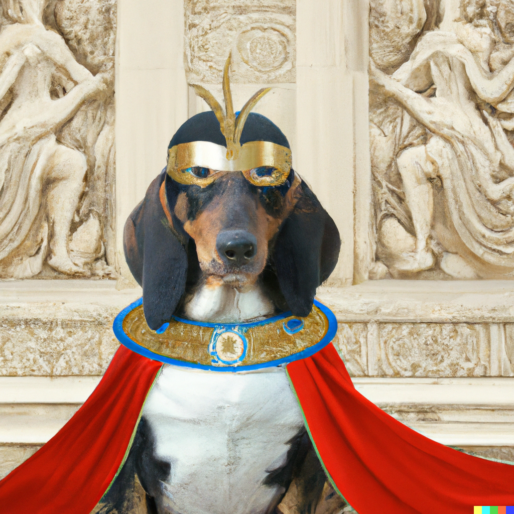 DALL·E 2022-12-16 12.06.17 - a basset hound in a Wonder Woman costume in a classical Greek mosaic.png