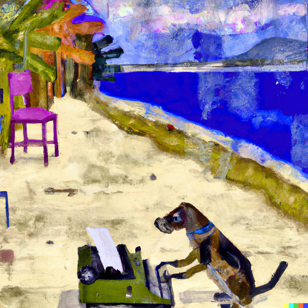 DALL·E 2022-12-16 12.12.28 - an impressionist painting of a basset hound writing on a typewriter on a tropical island.png