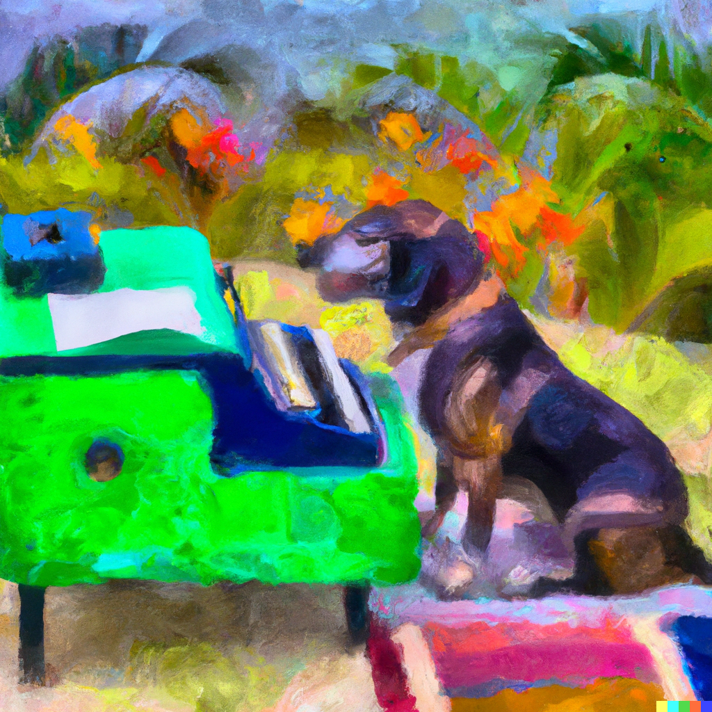 DALL·E 2022-12-16 12.13.32 - an impressionist painting of a basset hound writing on a typewriter on a tropical island.png