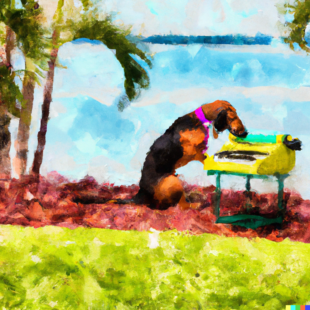 DALL·E 2022-12-16 12.17.39 - an impressionist painting of a basset hound writing on a typewriter on a tropical island.png
