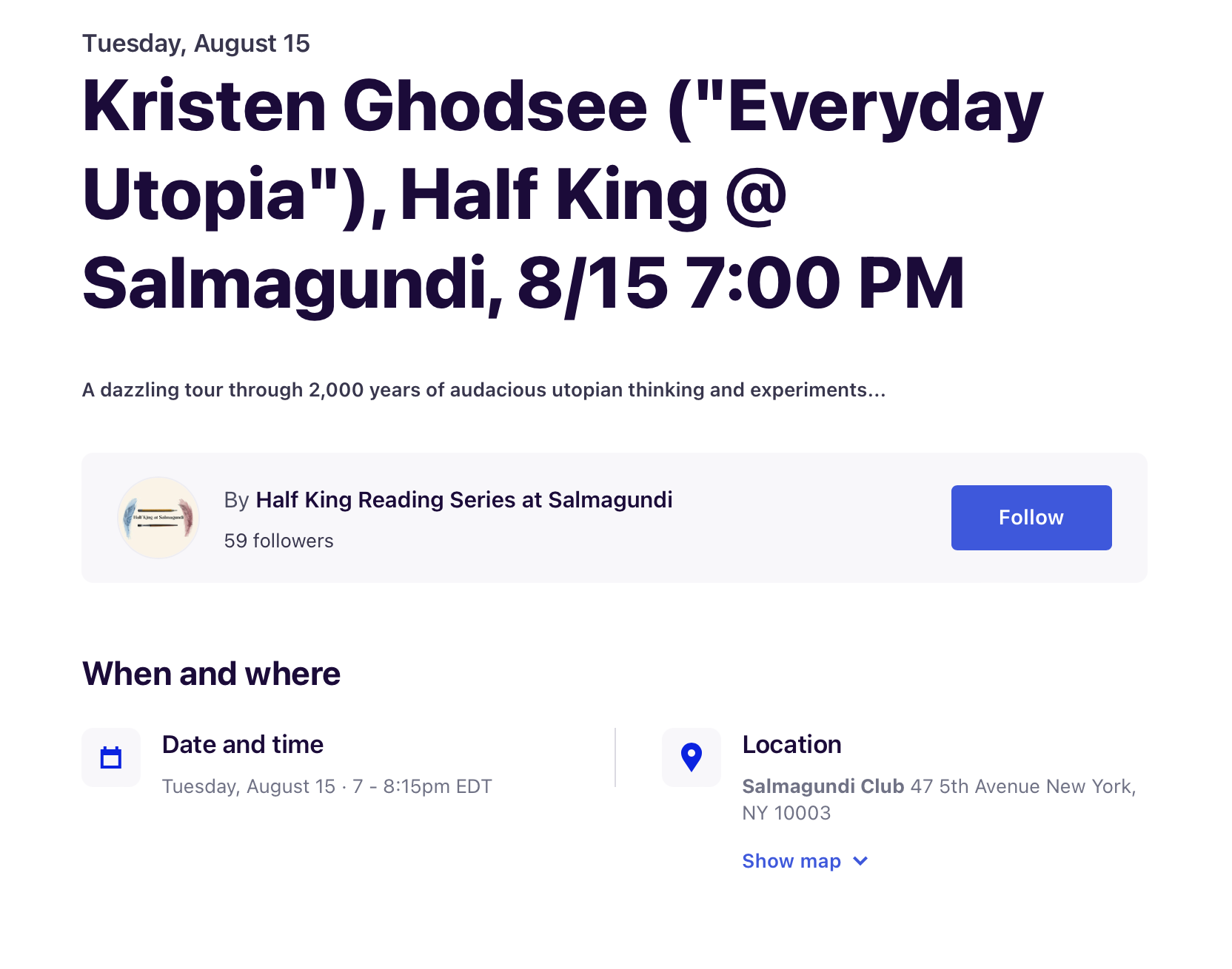 Kristen Ghodsee ("Everyday Utopia") Half King Reading Series at Salmagundi