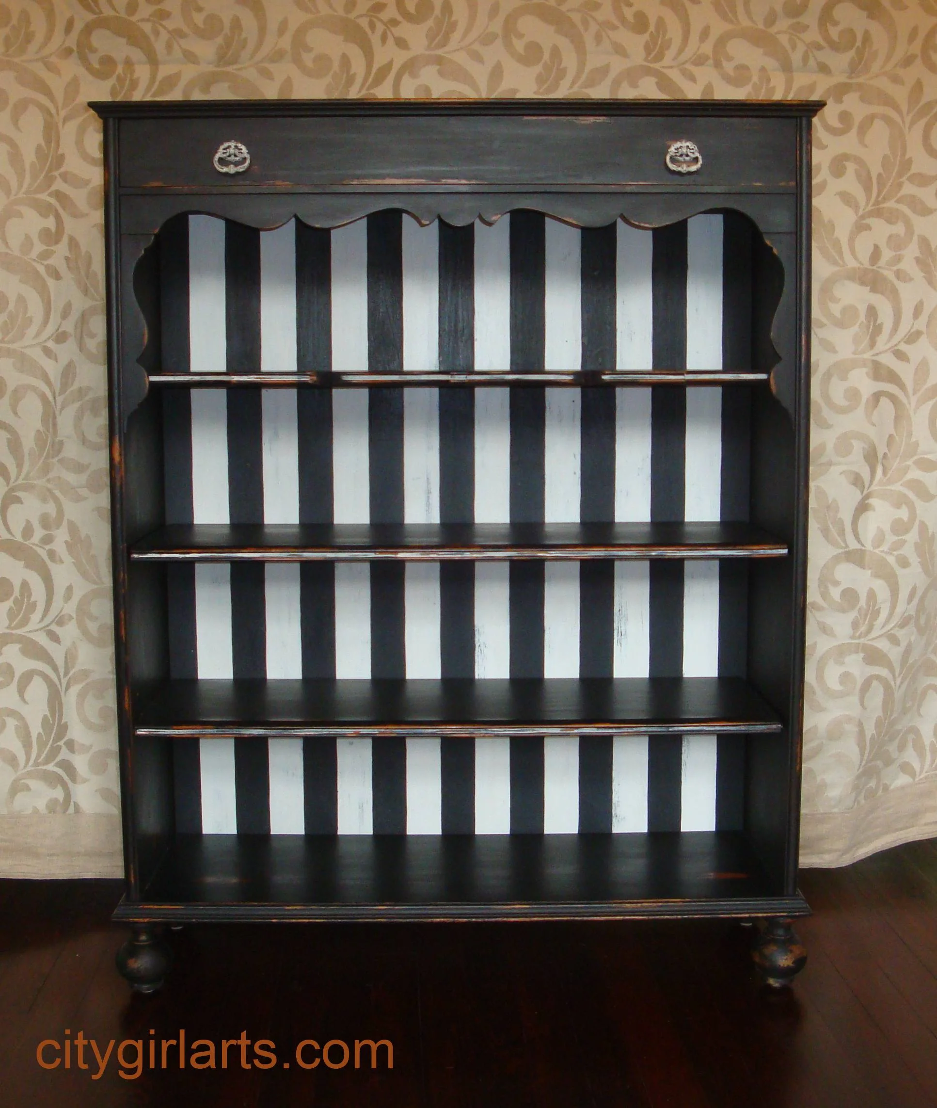 Antique Black and White Striped Bookcase: Bun-Footed Bounty