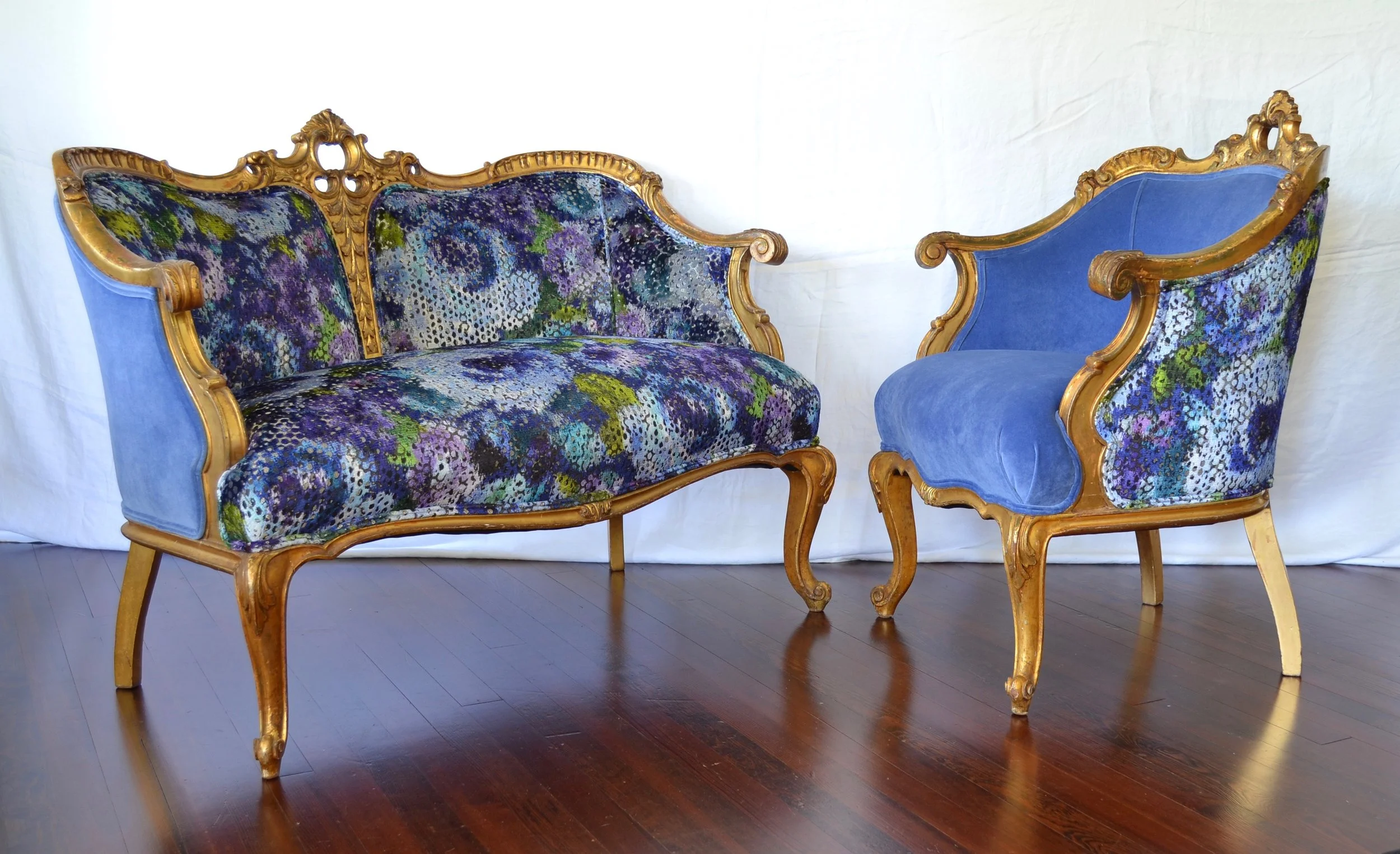 Artisanal Upholstery: Gilded Antique French Settee and Chair in the Traditional Manner