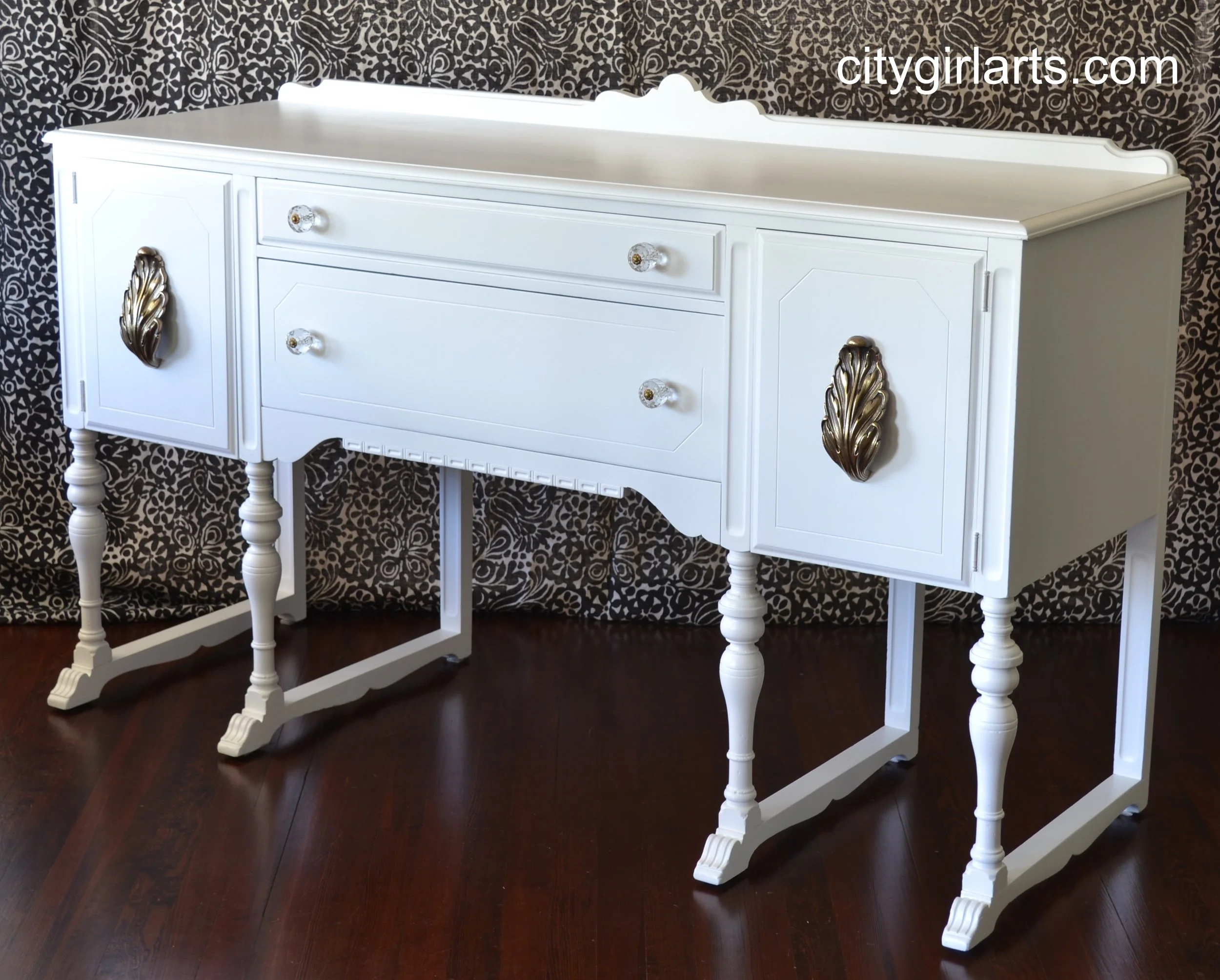 Bohemian White Antique Buffet with Large Brass Acanthus Leaf Pulls