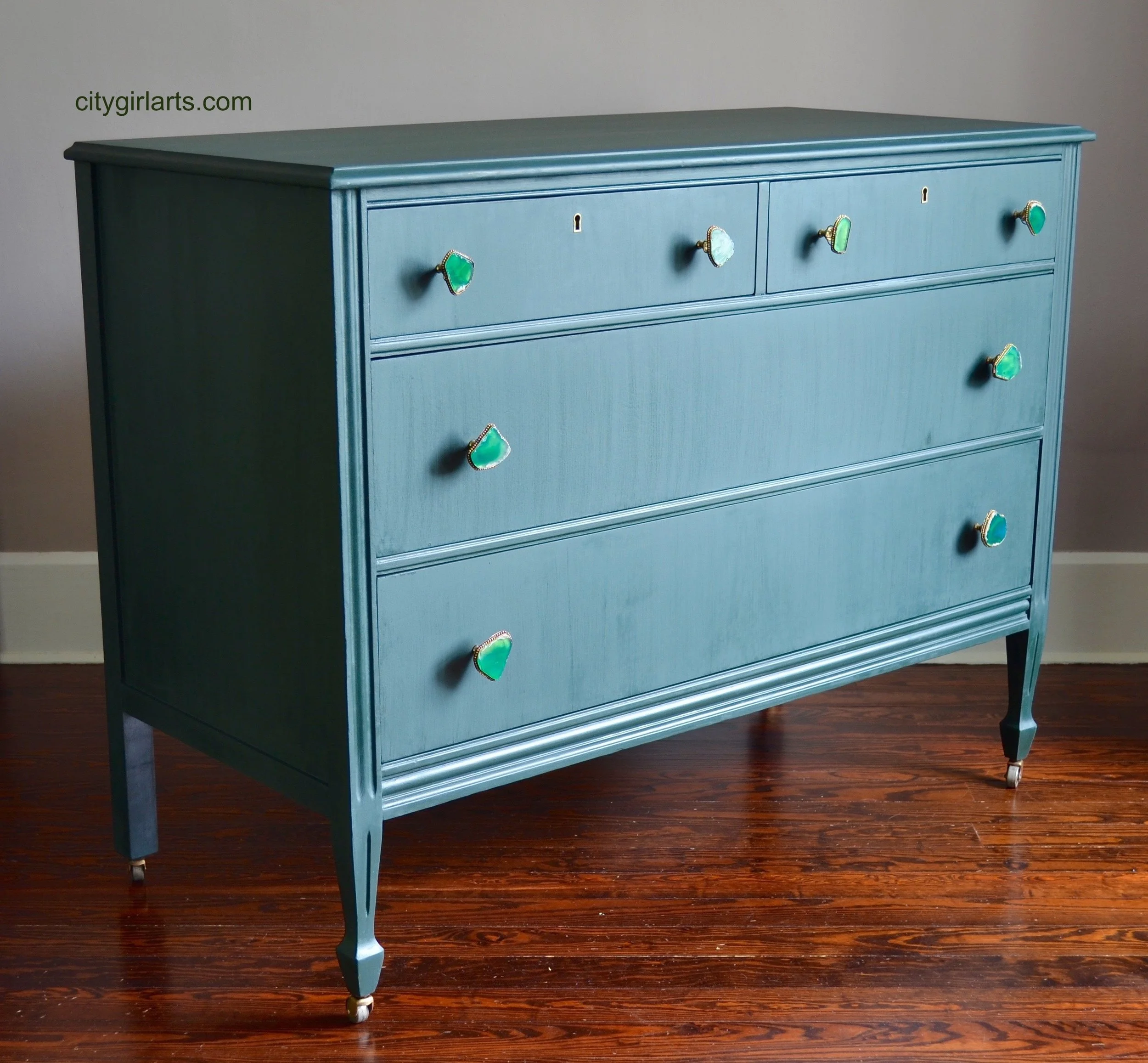 Peacock Green Milkpainted Antique Dresser with Agate and Brass Pulls