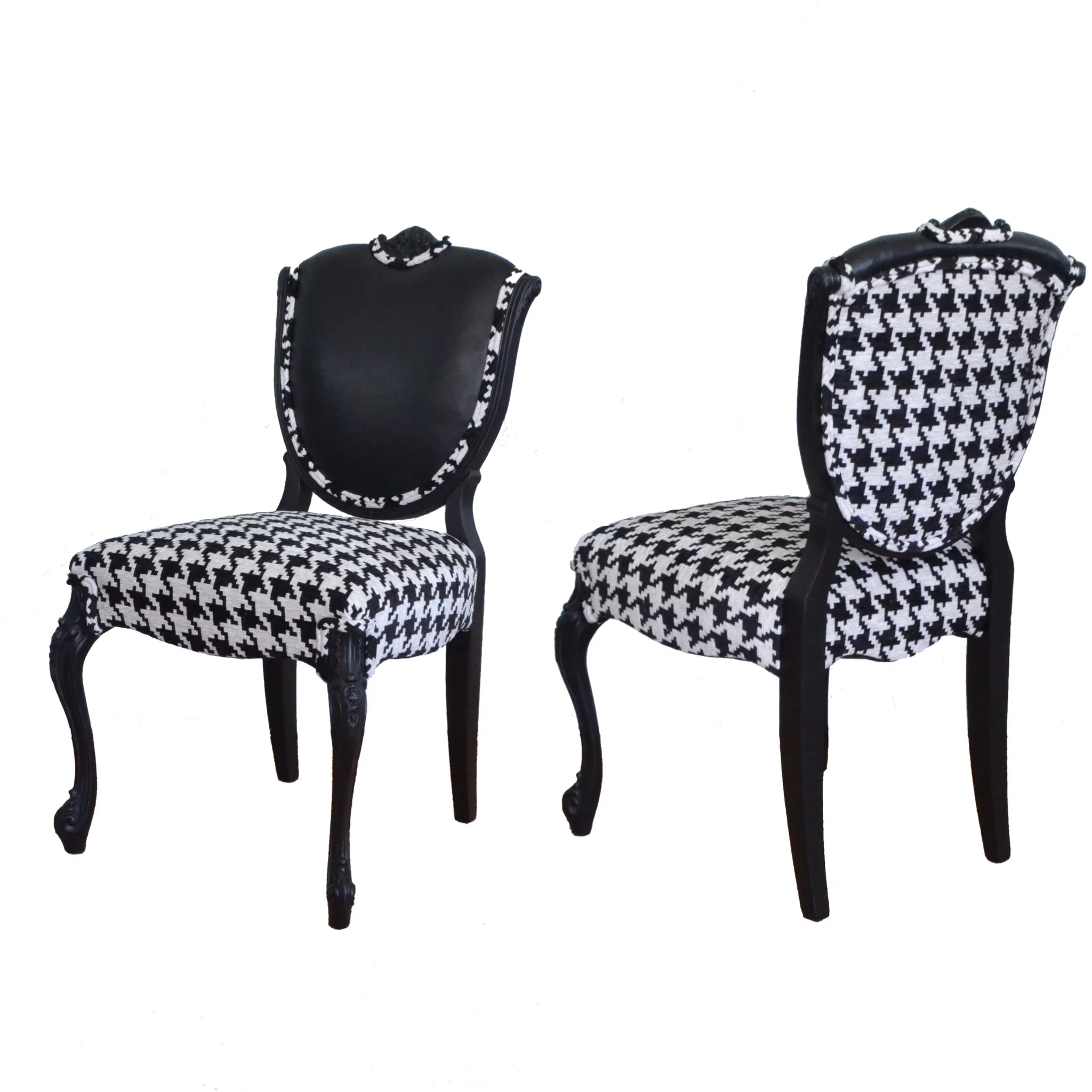 French Houndstooth Chair with Leather Accent