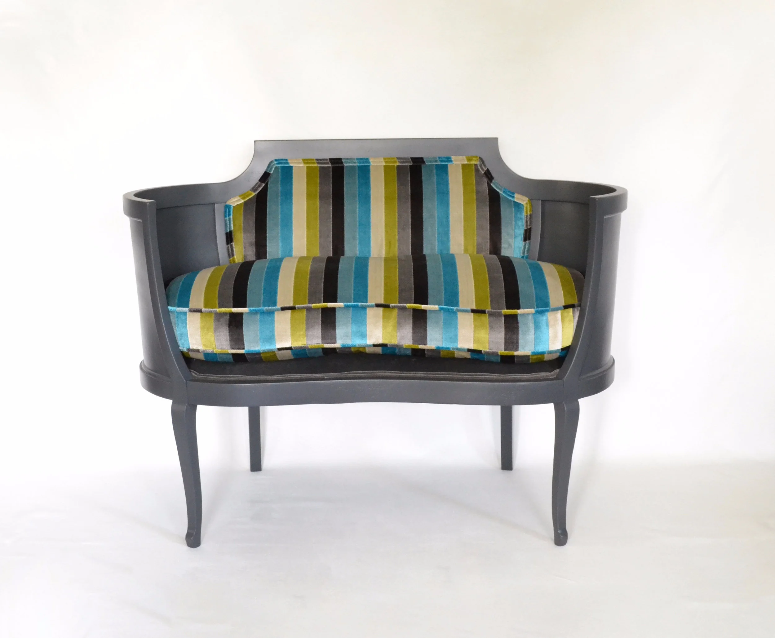 Kidney Bean Settee in Designer Velvets and Down-Wrapped Cushion