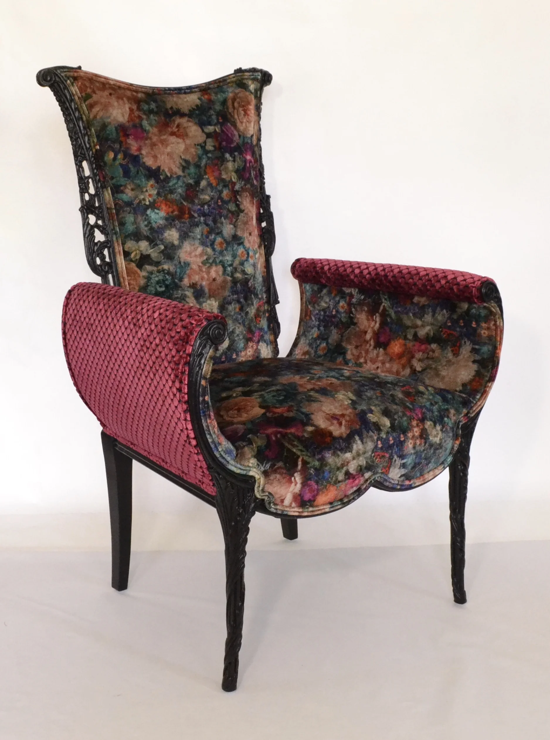 Italian Carved Fireside Chair in Designer Contrasting Velvets