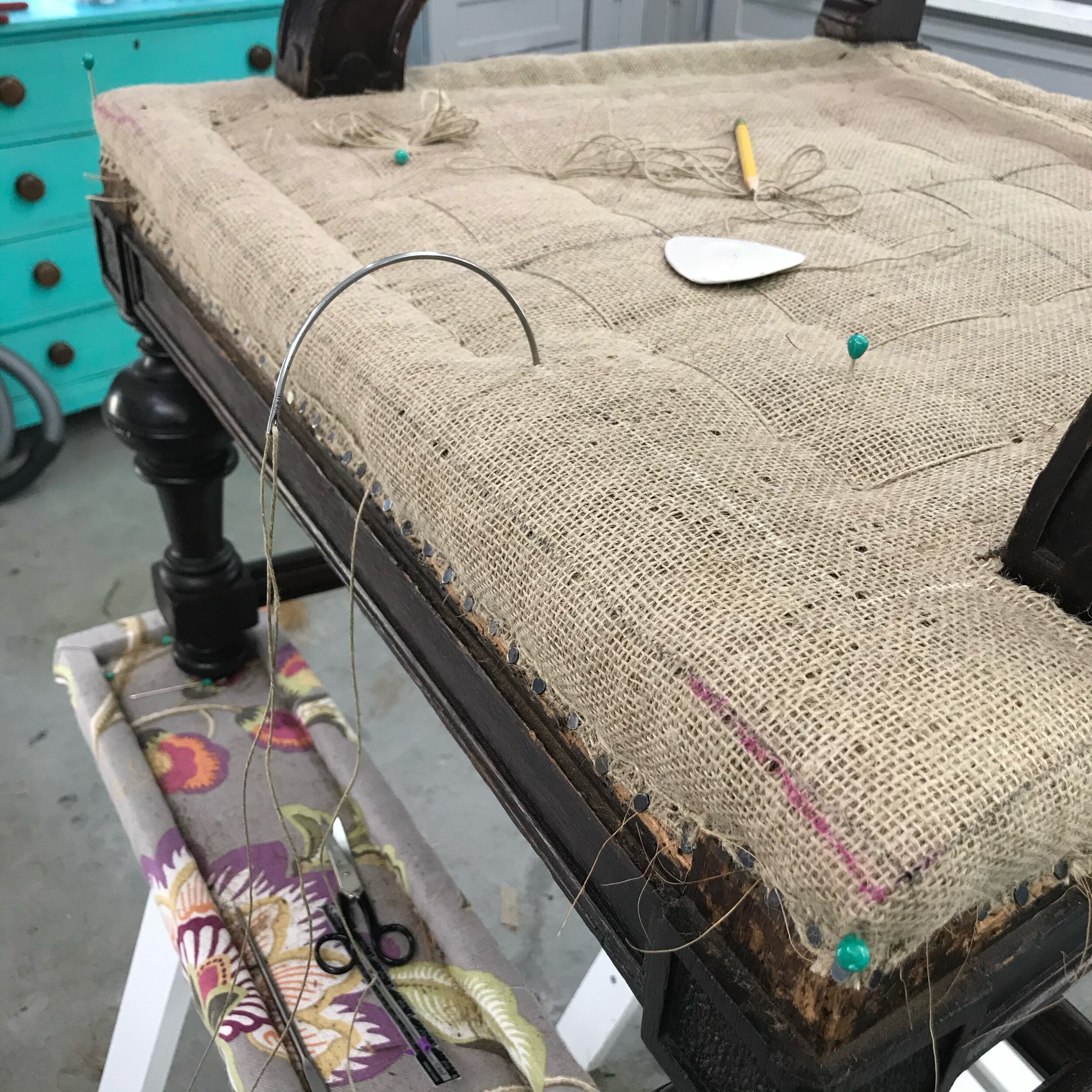 First topstitch row over coir for seat edge roll