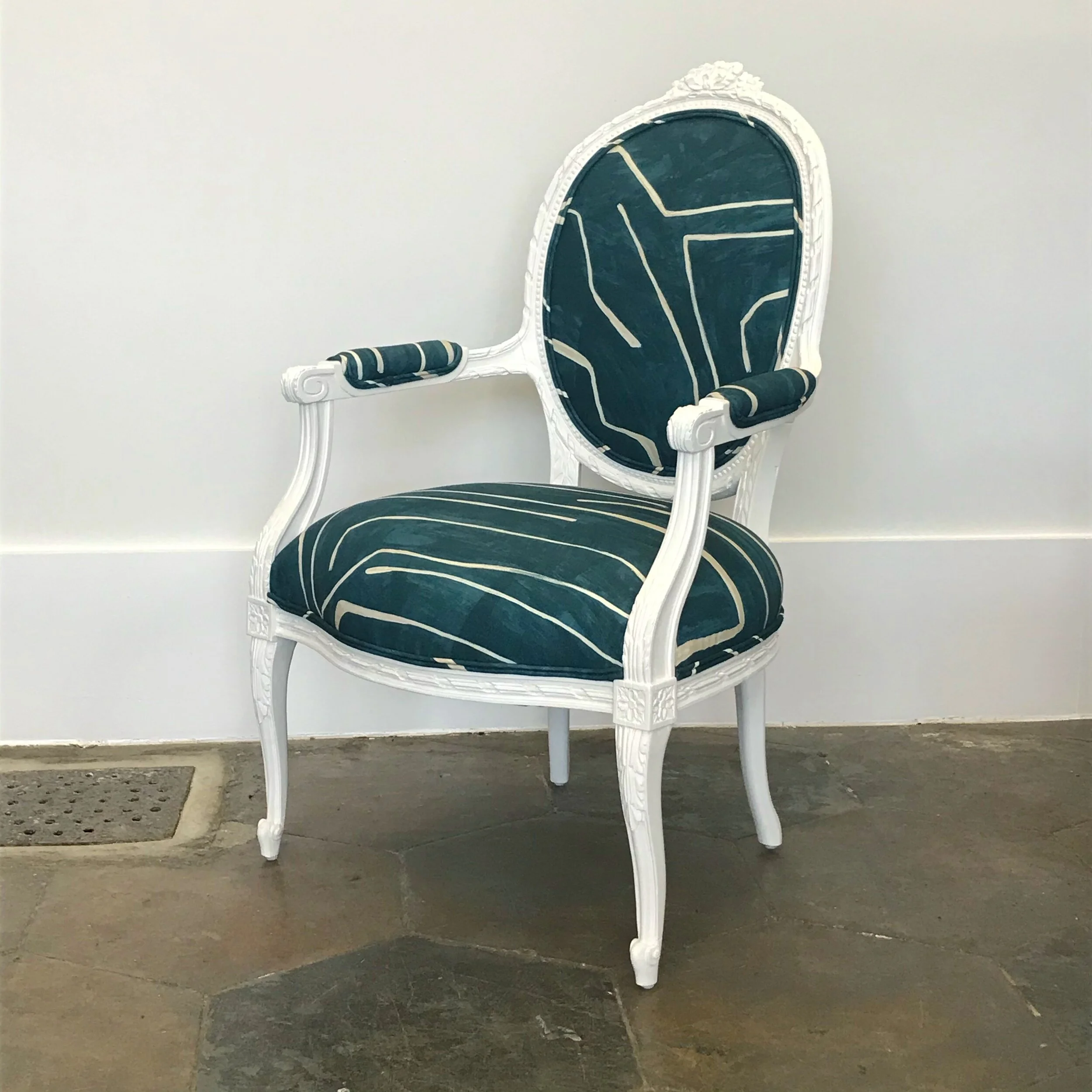 Italian Arm Chair Carved Mahogany Wearstler Graffito Upholstery