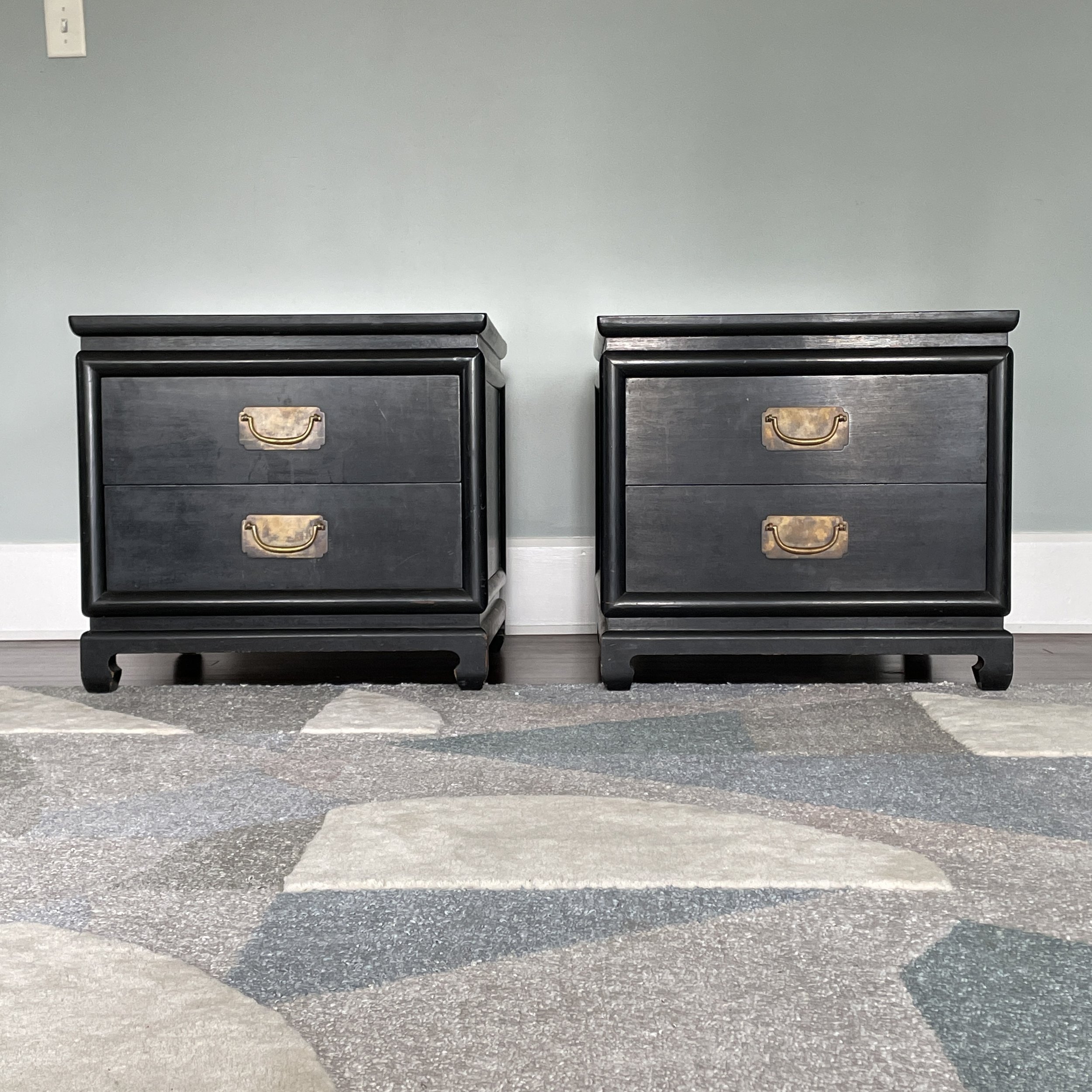 1960s Ming Asian Chinoiserie Black Lacquer Side Tables - a Pair