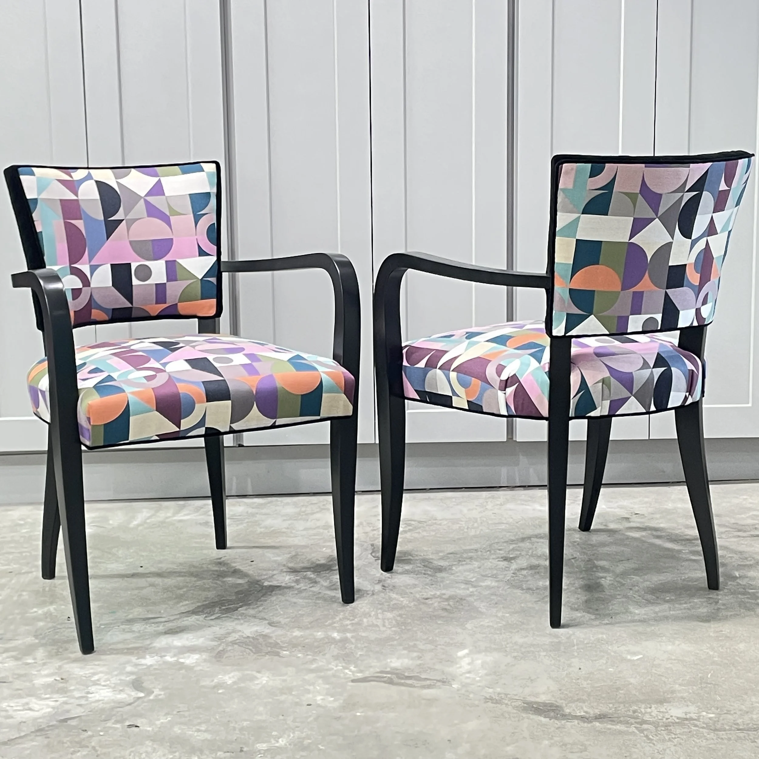 1950's French Black Lacquered  Bridge Chairs with Geometric Fabric