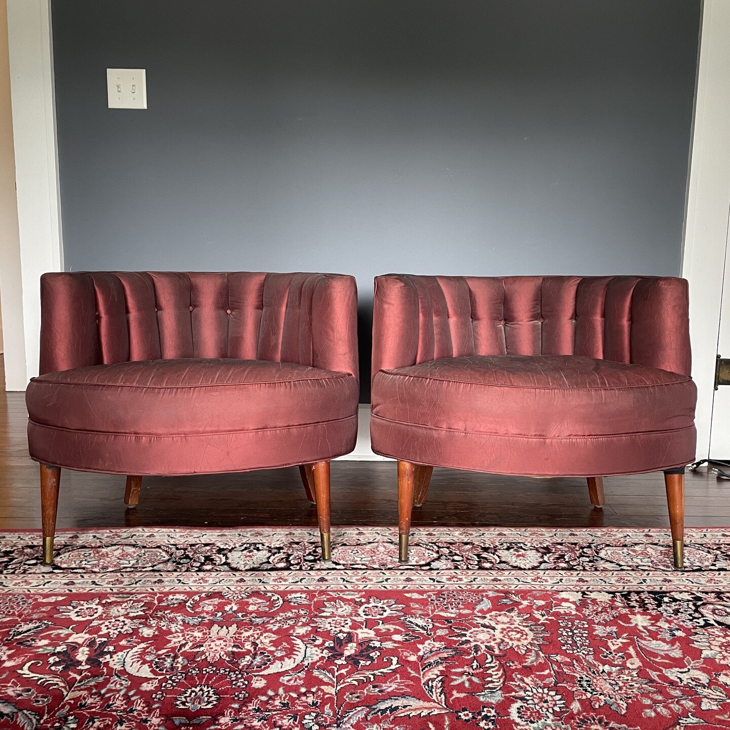 Perfectly shaped 1960's cocktail chairs in my shop. They will look fantastic in a jewel-toned fabric and refinished legs. Look at the brass sabots! I can picture myself holding a martini with my arm slung over the back. Can I make YOU a chair or two?