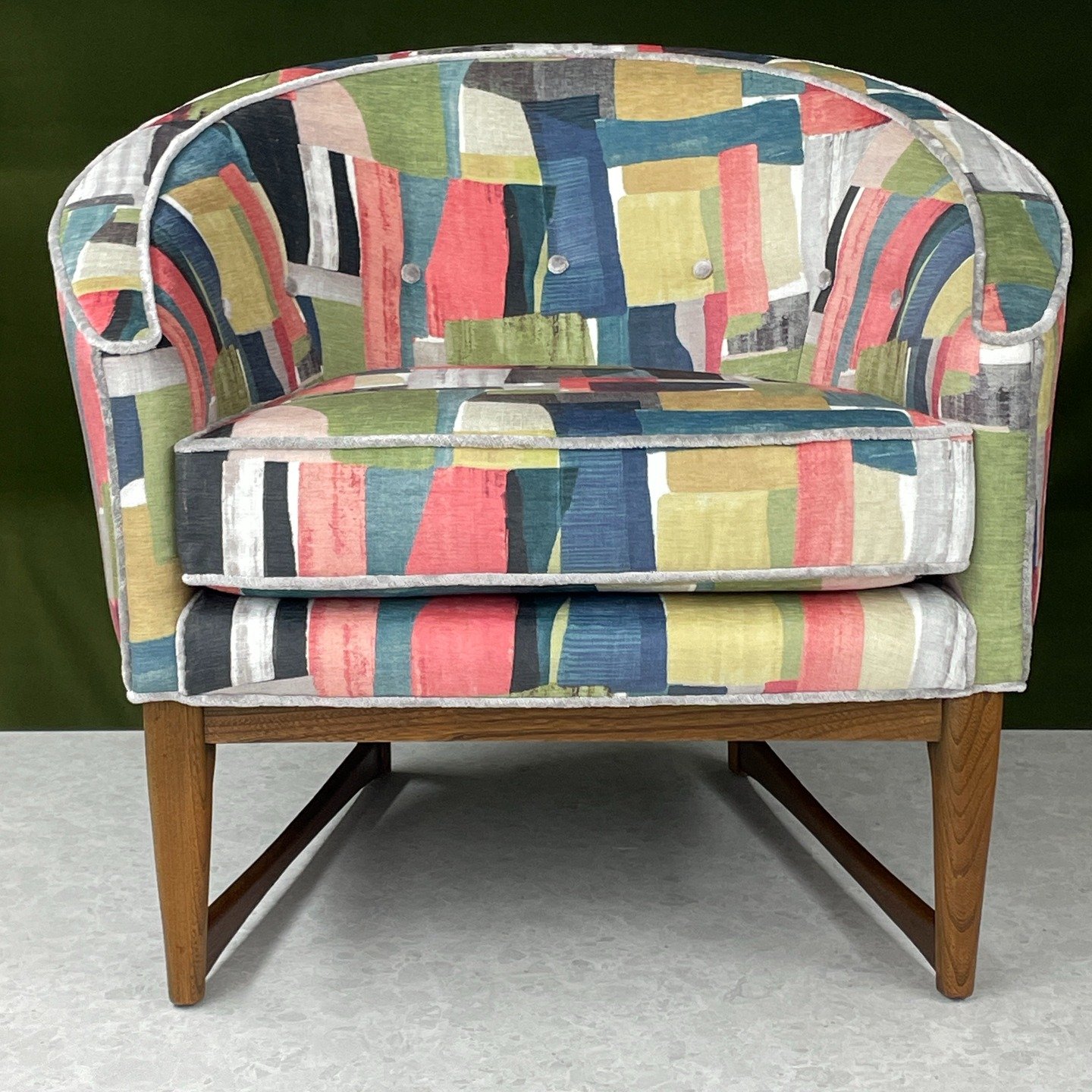 FOR SALE. 
To alleviate some mid-century boredom, I had some fun with this cutie. 
Colorful velvet covers this Lawrence Peabody chair for Richardson Nemschoff, made in the 1950's, I think. Completely reupholstered and true to the original, the horses