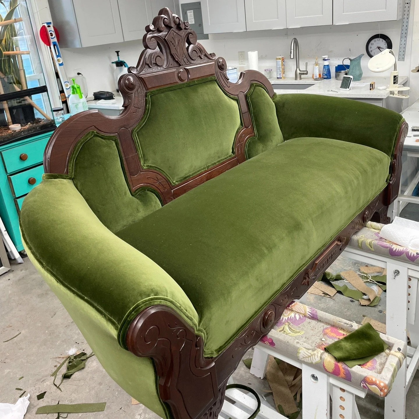 This client had two pieces from the 1800's - a previously posted chair, and this settee. Both required extensive frame work and got refinished. This client loves traditional upholstery methods and materials, so there's only stitched burlap, coir, hor