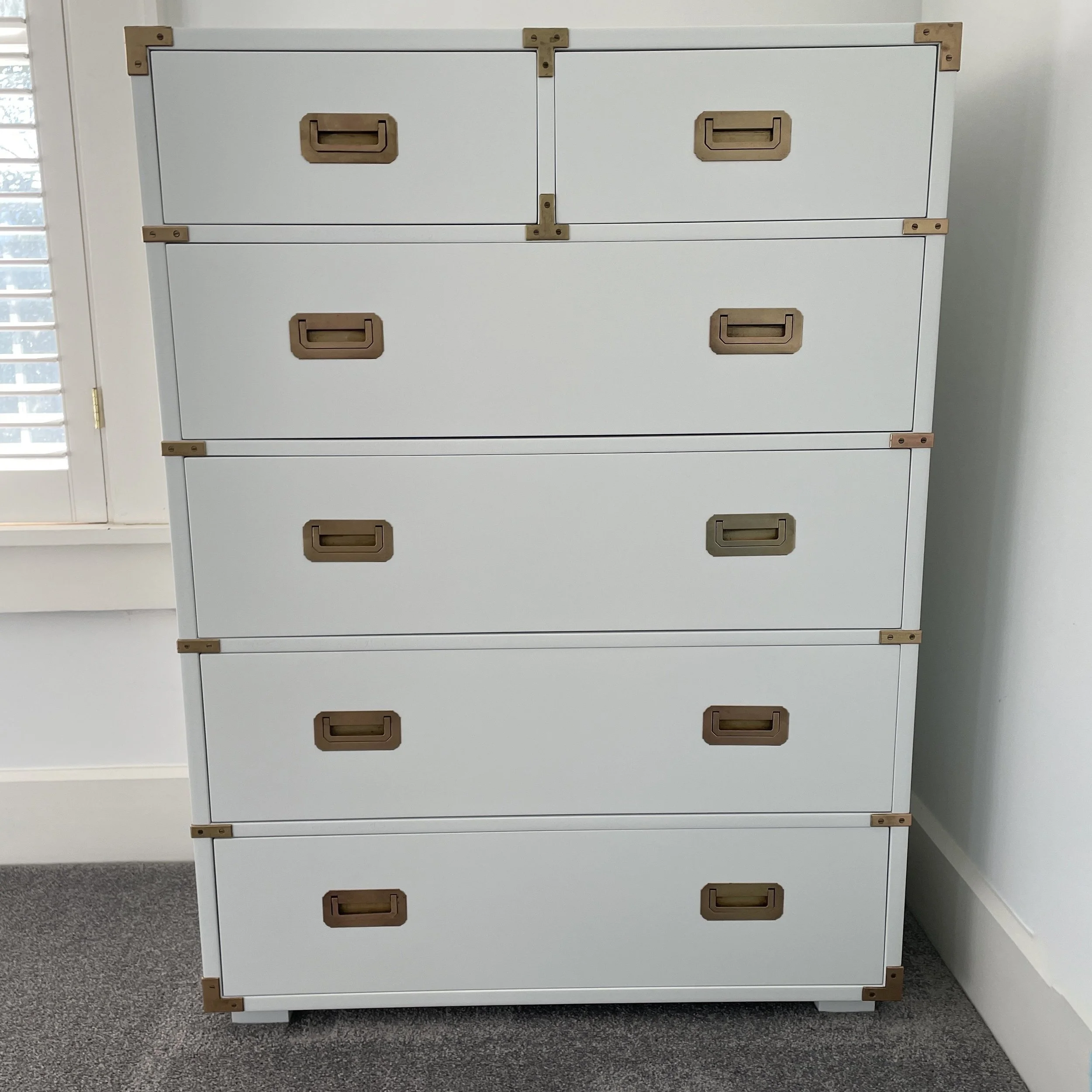 Henredon Campaign Lacquered Vintage Highboy Dressers - Two Available