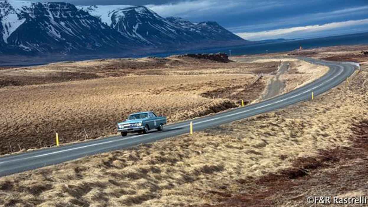 On the road: Our Comet cranks through BIG Icelandic scenery