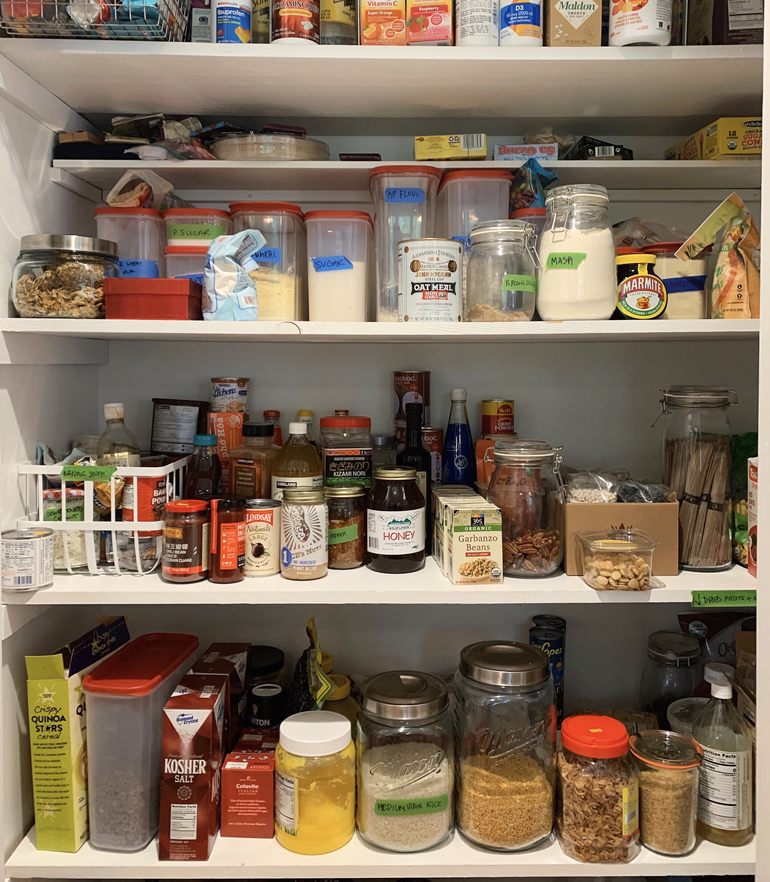Stocked Kitchen Pantry With Food Pasta Buckwheat Rice And Sugar